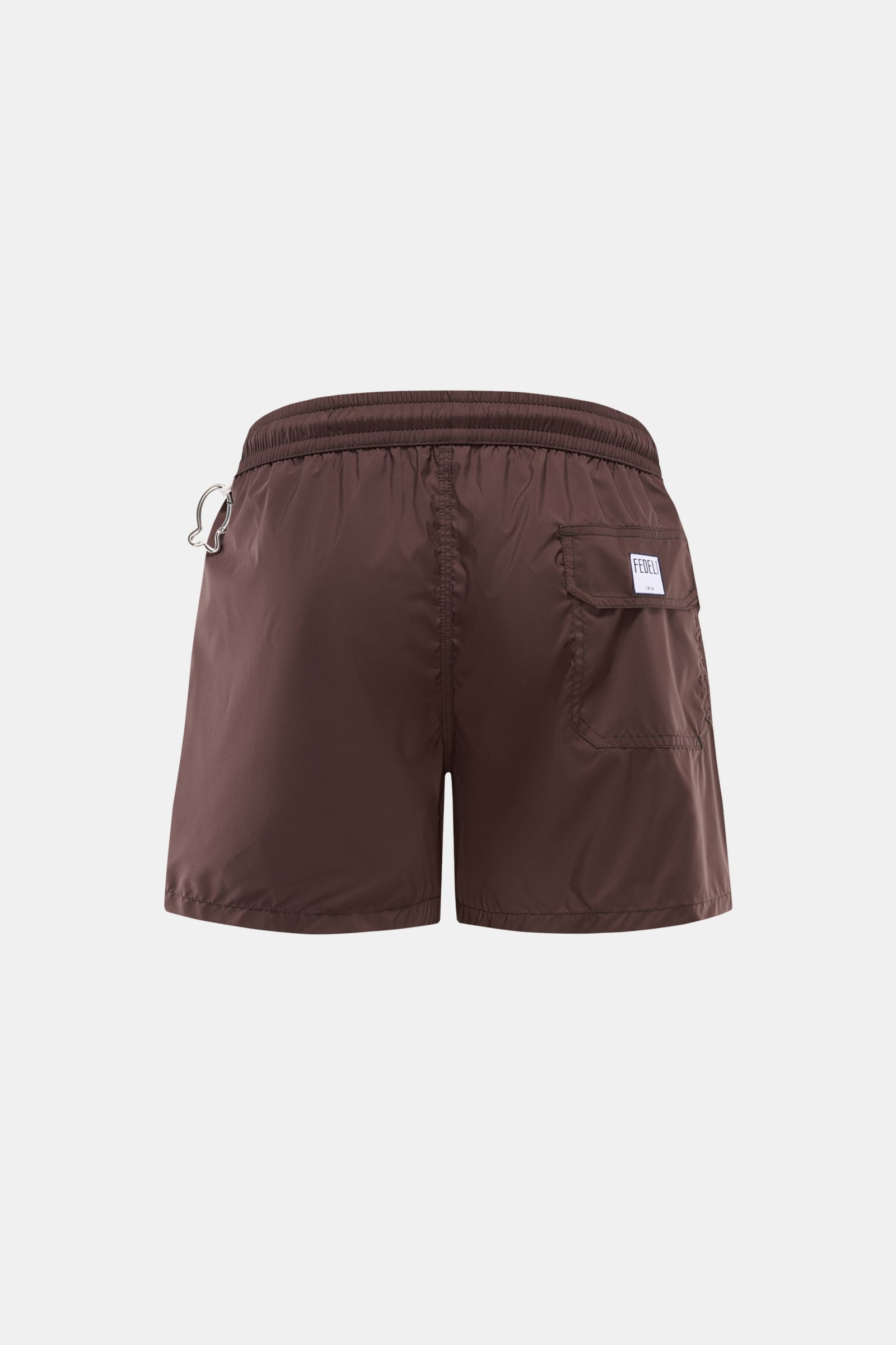 Fedeli Badeshorts 'Madeira Airstop' dunkelbraun, Rückansicht mit elastischem Bund, Gesäßtasche, Klettverschluss, Karabinerhaken, schnelltrocknend, Regular Fit