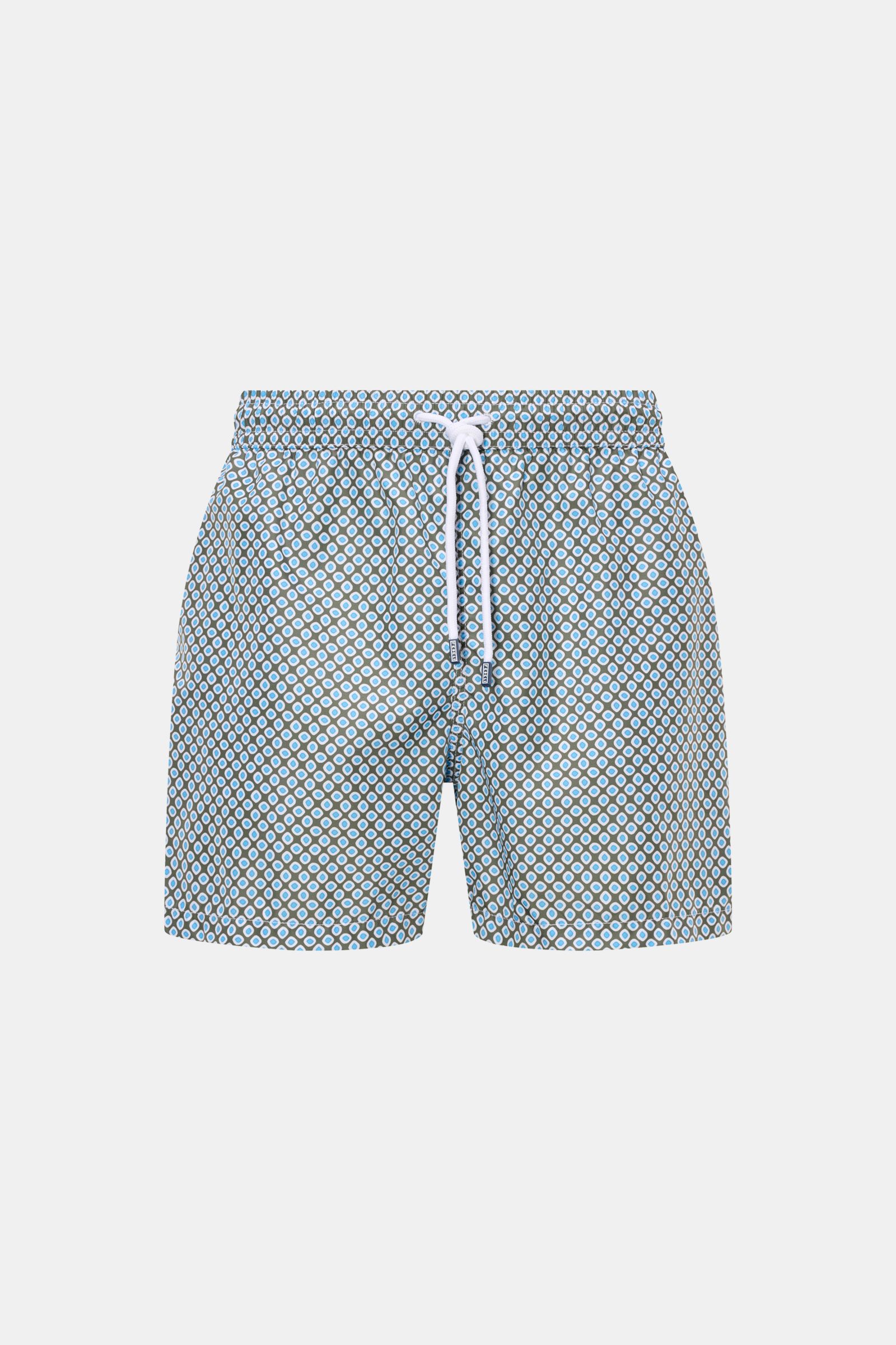 Fedeli Badeshorts 'Madeira Airstop' oliv/blau gemustert, frontale Ansicht, Regular Fit, elastischer Bund, Tunnelzug, recycelte Microfaser, schnelltrocknend.