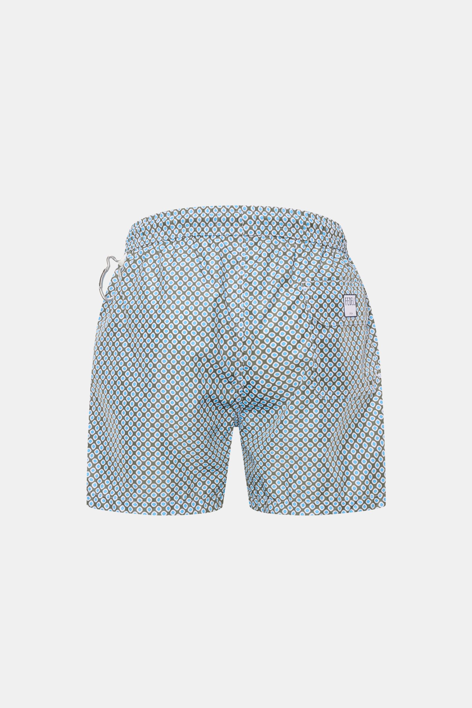 Fedeli Badeshorts 'Madeira Airstop' oliv/blau gemustert, Rückansicht, Regular Fit, recycelte Microfaser, elastischer Bund, Karabinerhaken.