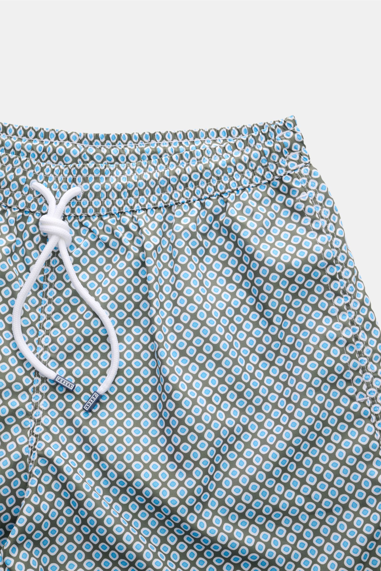 Fedeli Badeshorts 'Madeira Airstop' oliv/blau gemustert, nah, Regular Fit mit elastischem Bund, Tunnelzug, Taschen, Meshfutter, schnelltrocknend, recycelte Microfaser.