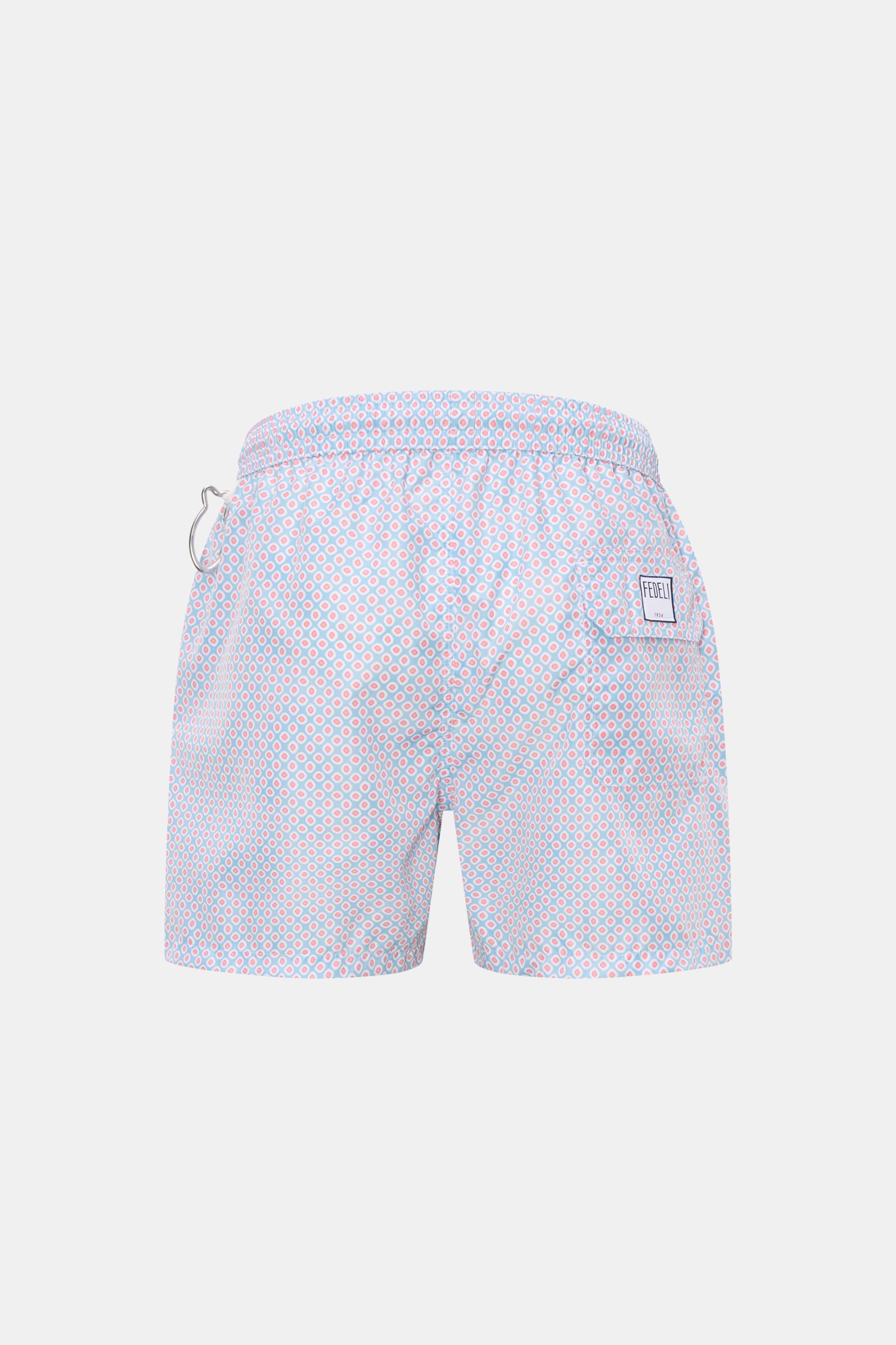 Rückansicht der Fedeli Badeshorts 'Madeira Airstop' hellblau/koralle gemustert aus recycelter Microfaser mit elastischem Bund, Taschen und Karabinerhaken.
