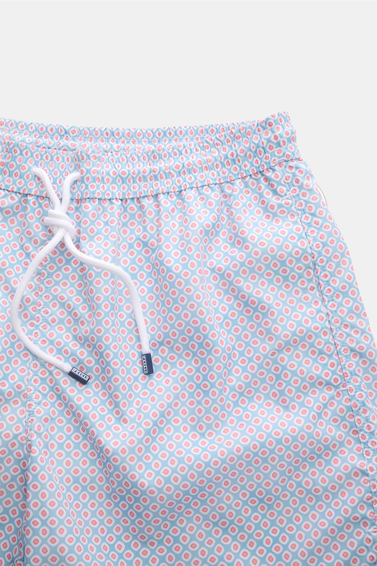Fedeli Badeshorts 'Madeira Airstop' hellblau/koralle gemustert, Regular Fit, elastischer Bund, Tunnelzug, Taschen, Mesh-Innenfutter, vorn nah.