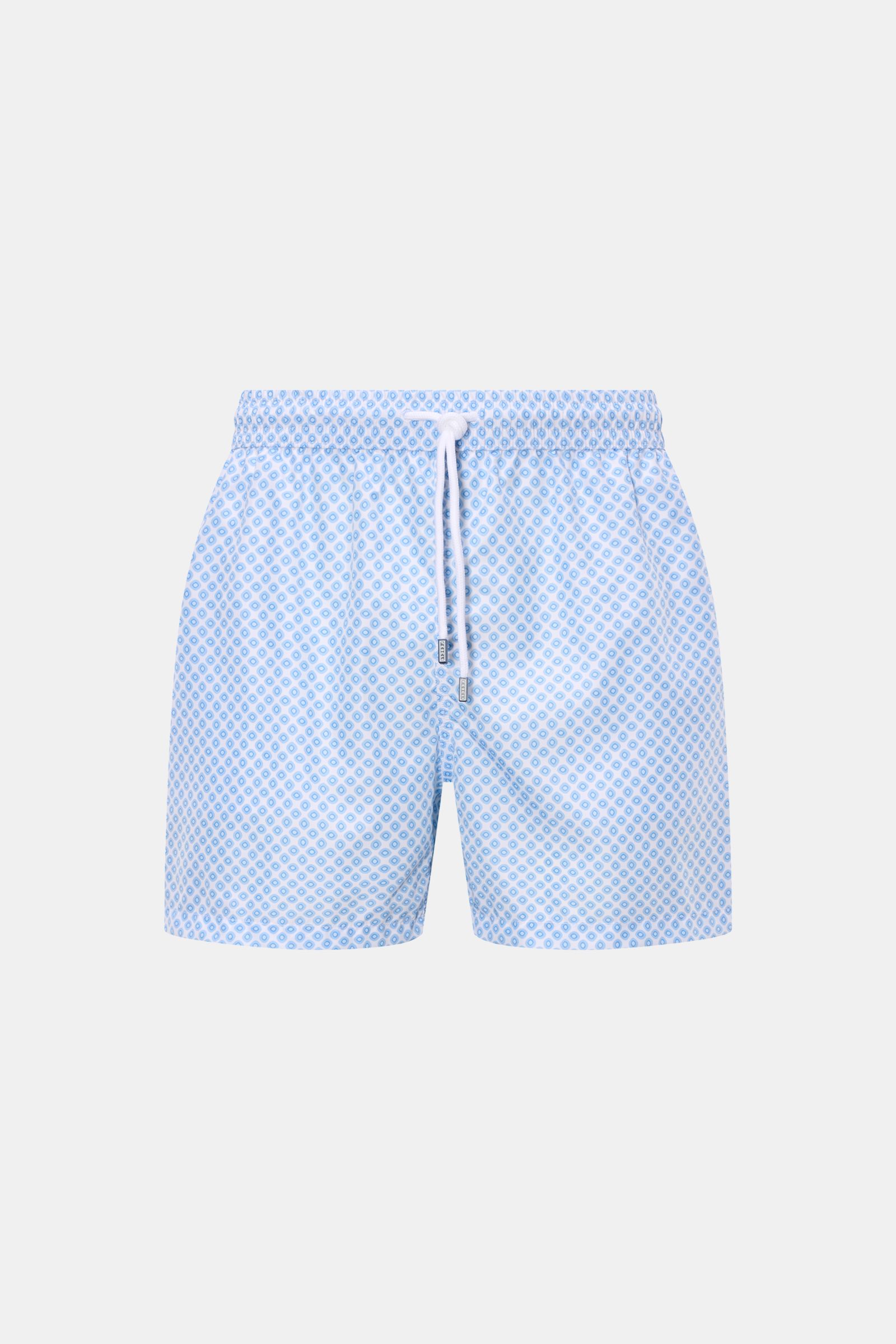 Fedeli Badeshorts 'Madeira Airstop' hellblau/weiß gemustert, frontale Ansicht, leicht, schnelltrocknend, Regular Fit, elastischer Bund mit Tunnelzug.