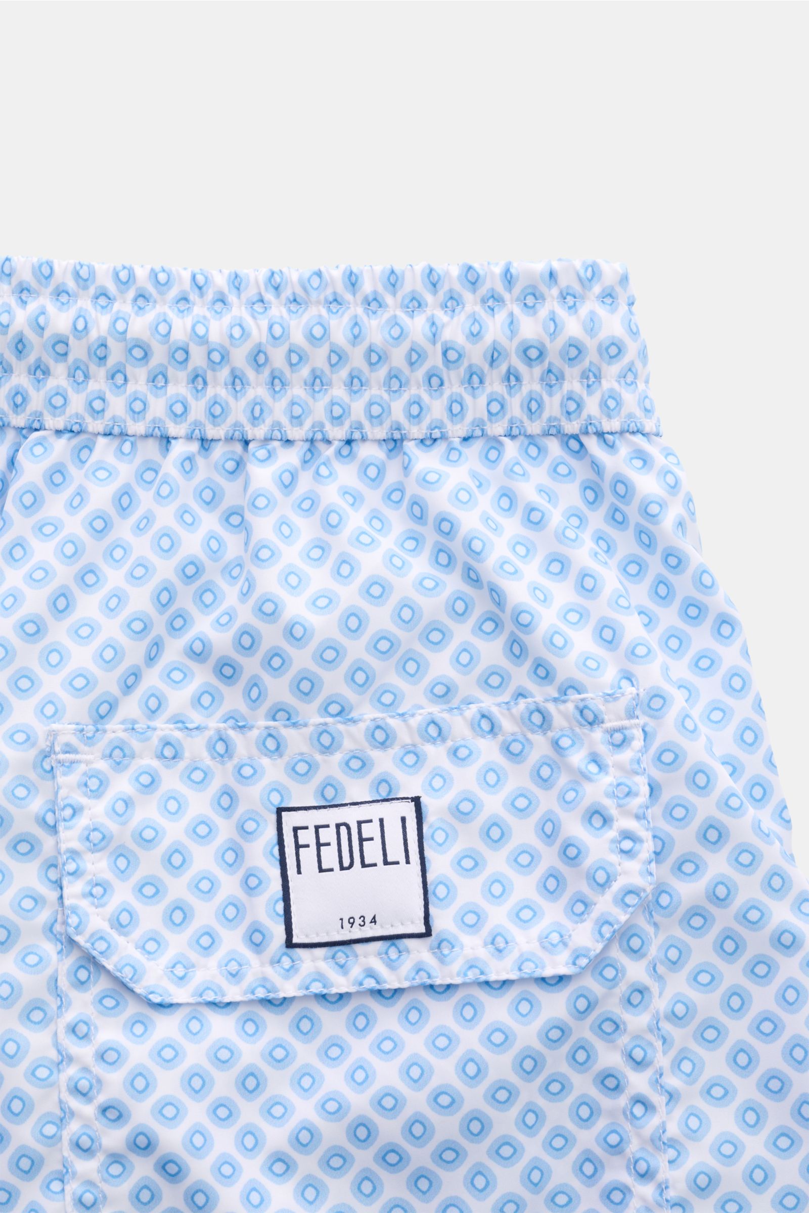 Fedeli Badeshorts 'Madeira Airstop' hellblau/weiß gemustert, Rückansicht mit elastischem Bund, Gesäßtasche, recycelte Microfaser, Regular Fit.