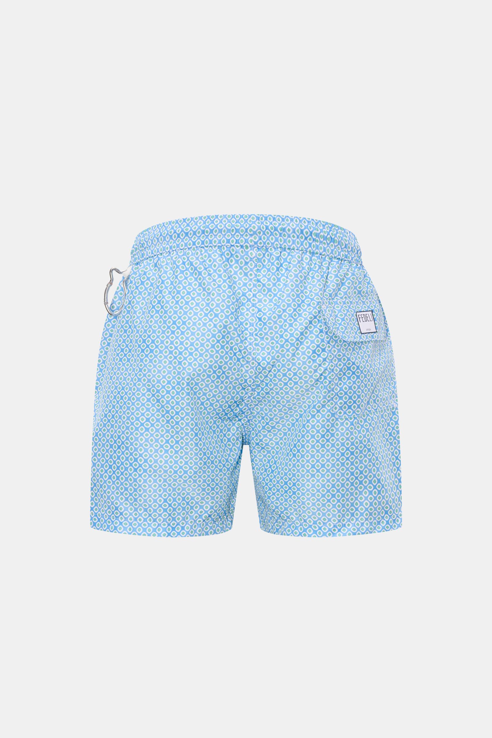 Fedeli Badeshorts 'Madeira Airstop' blau/hellgrün gemustert, Rückansicht, Regular Fit, elastischer Bund, recycelte Microfaser, schnelltrocknend.