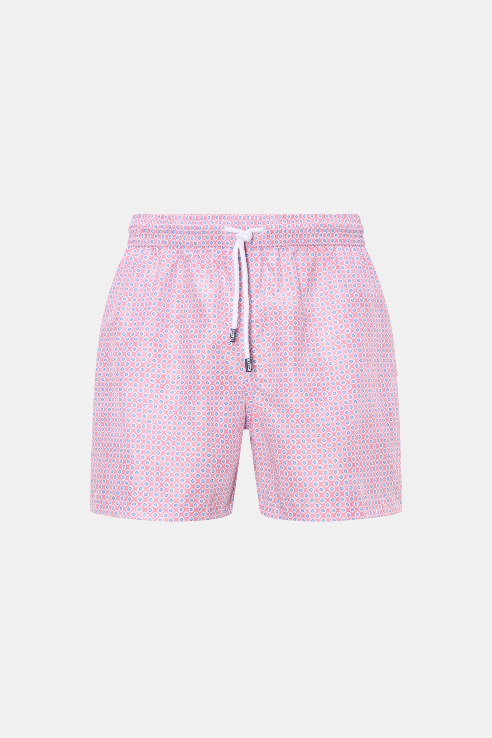 Fedeli Badeshorts 'Madeira Airstop' koralle/blau gemustert, Regular Fit, elastischer Bund mit Tunnelzug, schnelltrocknend, Frontansicht.