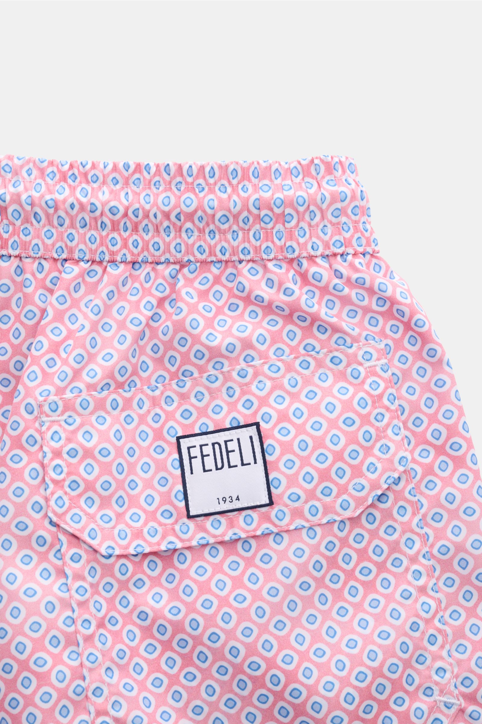 Fedeli Badeshorts 'Madeira Airstop' koralle/blau gemustert, Rückansicht, elastischer Bund, Gesäßtasche mit FEDELI-Label, schnelltrocknend, leicht.