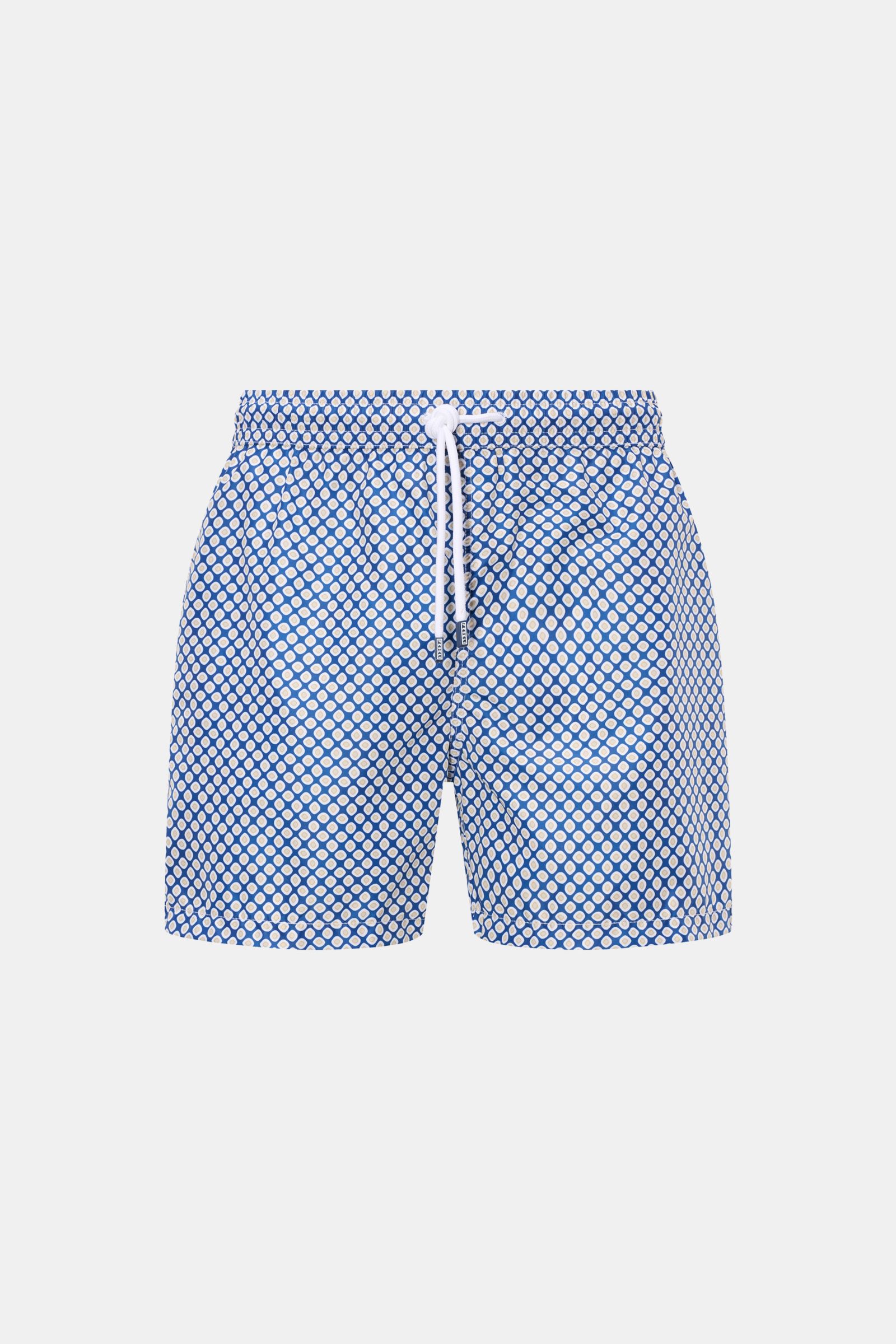 Fedeli Badeshorts 'Madeira Airstop' dunkelblau/beige gemustert, frontale Ansicht, Regular Fit, elastischer Bund, schnelle Trocknung, recycelte Microfaser.