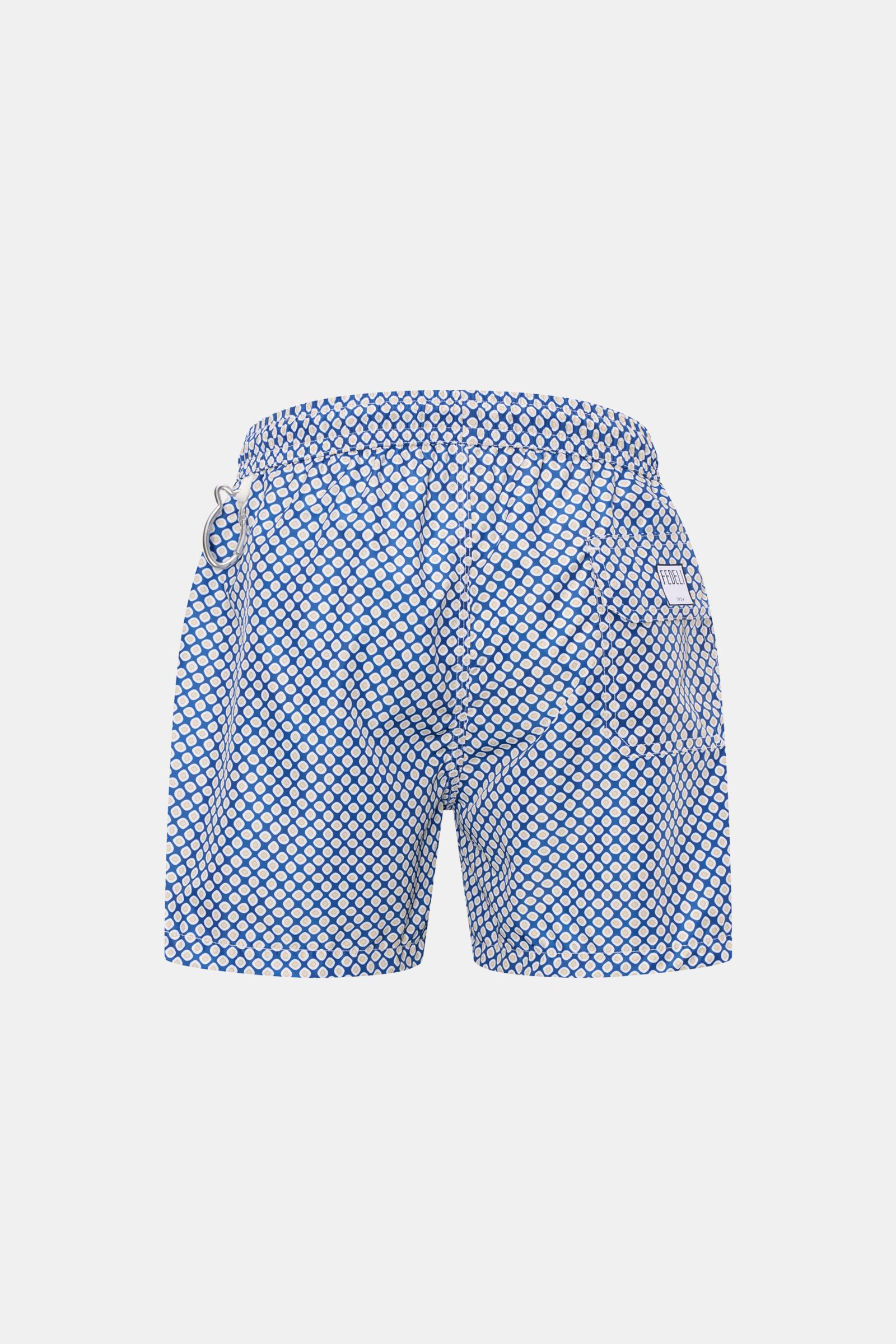 Fedeli Badeshorts 'Madeira Airstop' dunkelblau/beige gemustert, Rückansicht, Regular Fit, recycelte Microfaser, elastischer Bund, Karabinerhaken.