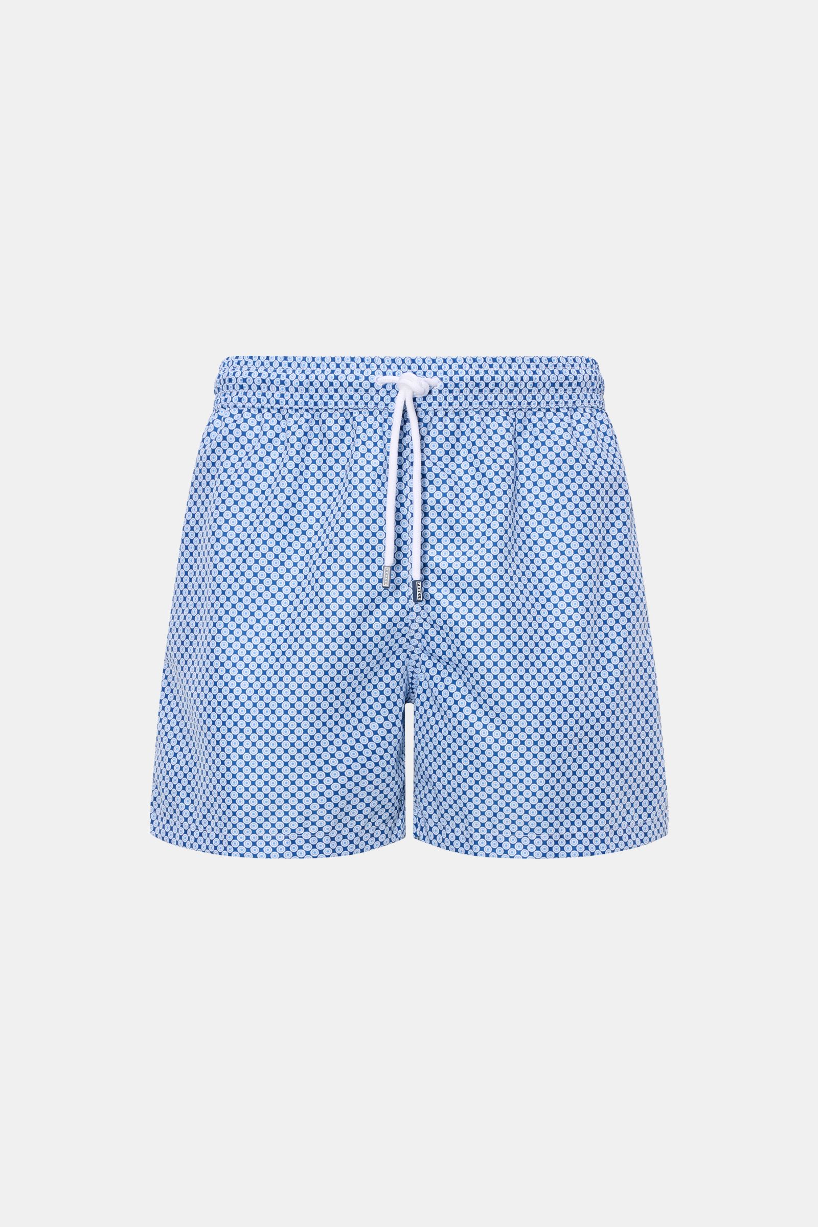 Fedeli Badeshorts 'Madeira Airstop' dunkelblau/weiß/blau gemustert, Frontansicht, Regular Fit, elastischer Bund mit Tunnelzug, recycelte Microfaser, schnelltrocknend, Mesh-Innenfutter.