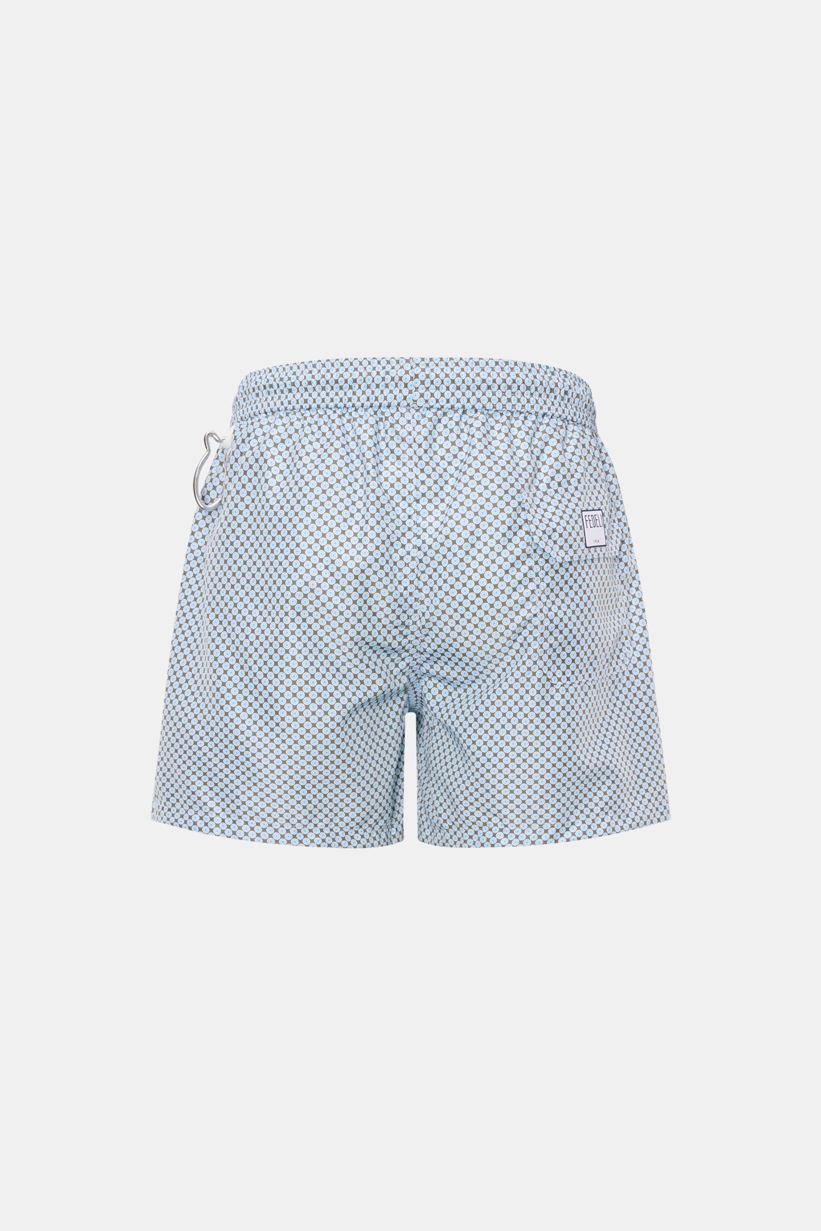 Fedeli Badeshorts 'Madeira Airstop' dunkelgrün/weiß/hellblau gemustert, Rückansicht, Regular Fit, elastischer Bund, recycelte Microfaser, schnell trocknend, mit Seitentaschen und Gesäßtasche.