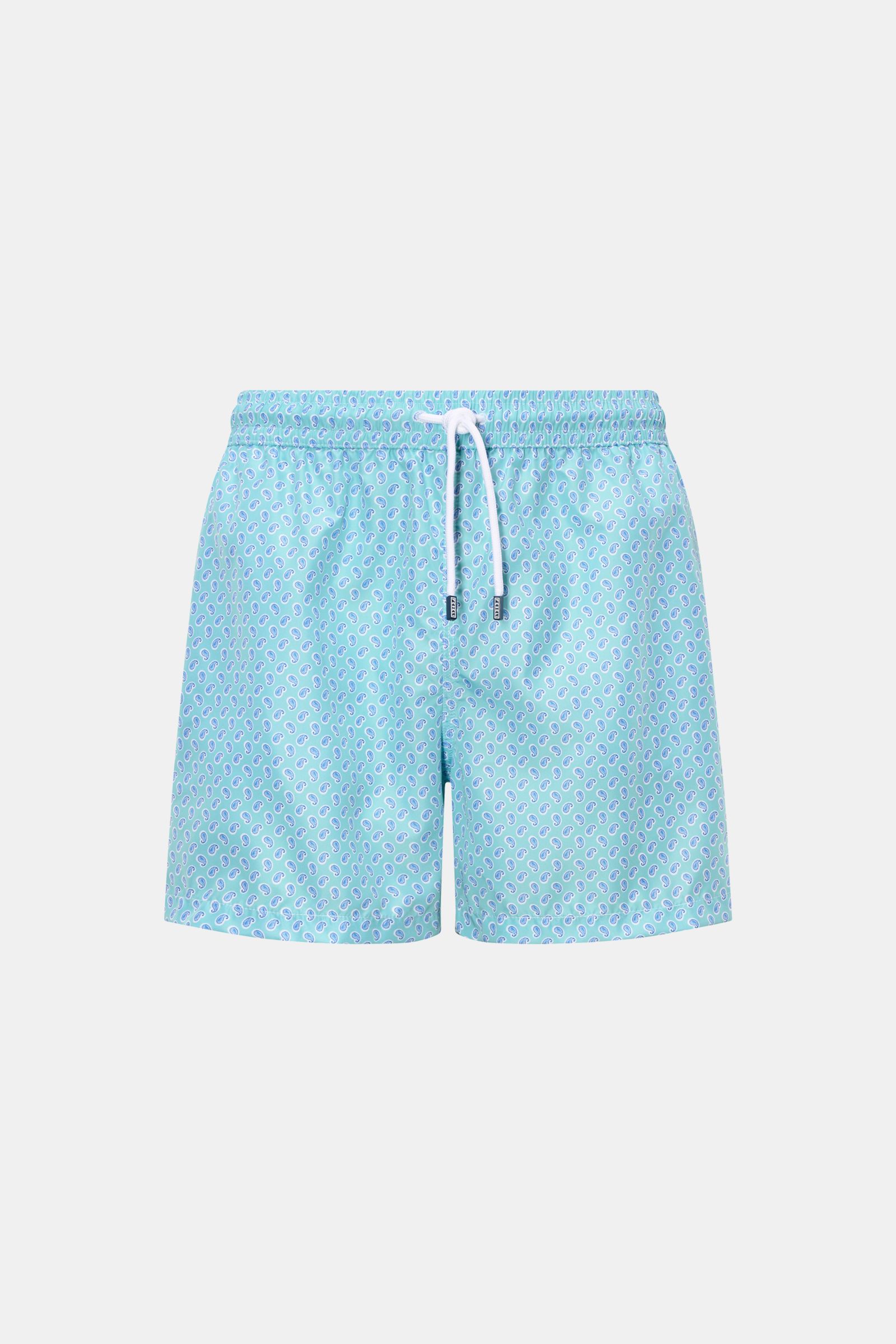Fedeli Badeshorts 'Madeira Airstop' türkis/weiß/blau gemustert, Vorderansicht, Regular Fit, elastischer Bund, Paisleymuster, recycelte Microfaser, schnell trocknend.