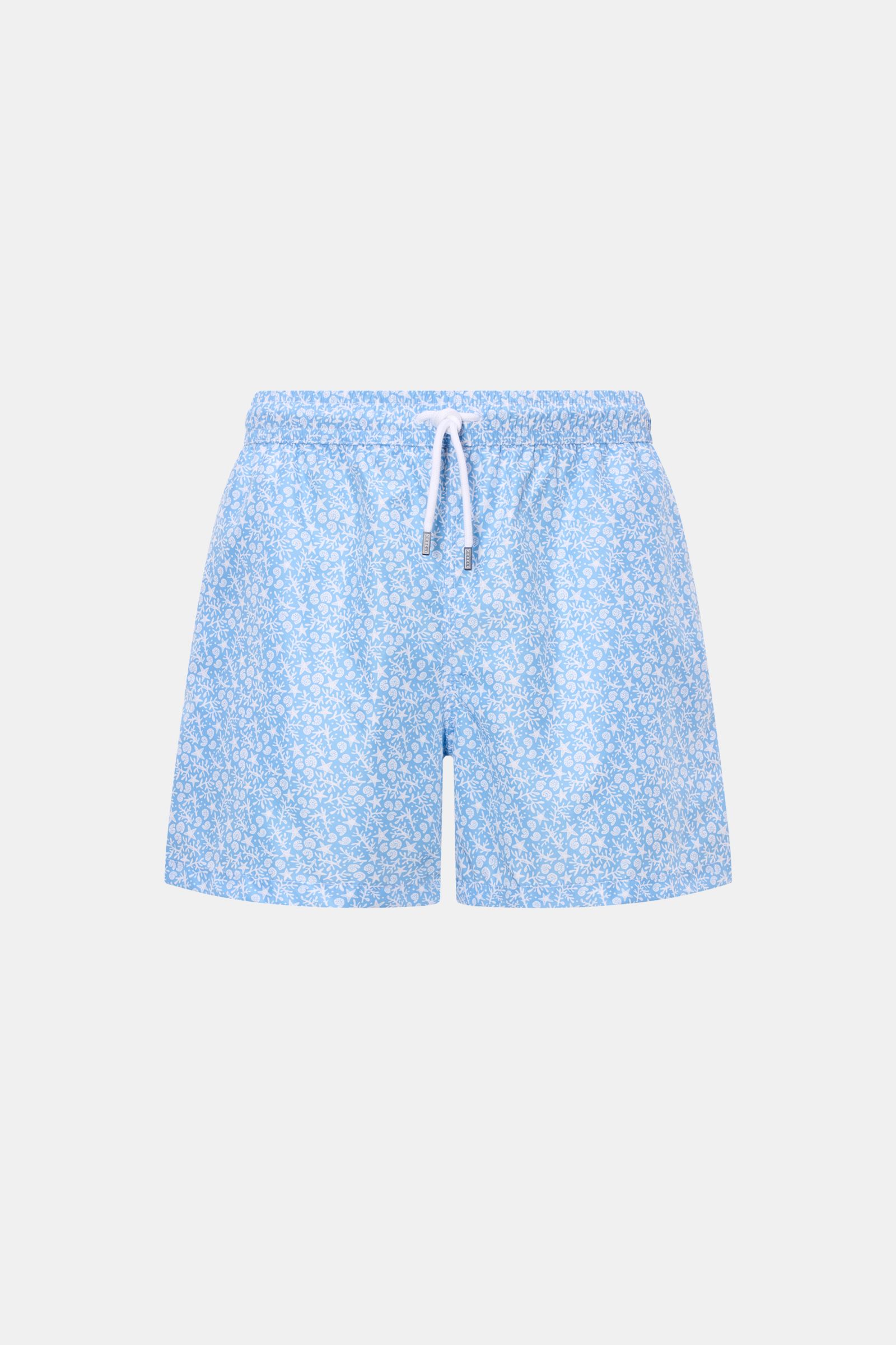 Front view of Fedeli Swim shorts 'Madeira Airstop' light blue/white patterned with elasticated waistband and white drawstring, featuring a nautical pattern.

Description: An essential for your summer vacation: These FEDELI swim shorts have an expressiv