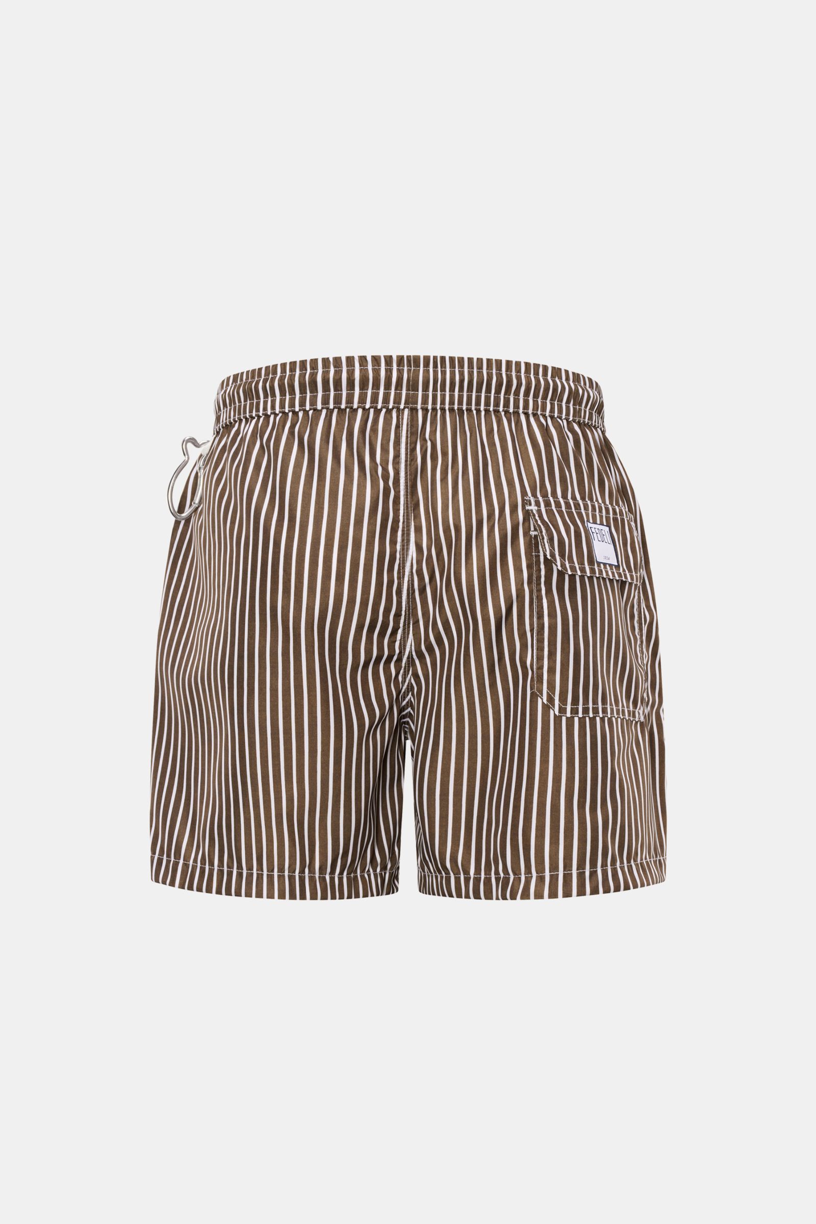 Alt-Tag (124 Zeichen): Rückansicht der Fedeli Badeshorts 'Madeira Airstop' dunkelbraun/weiß gestreift, Regular Fit, elastischer Bund, Taschen, Karabinerhaken.