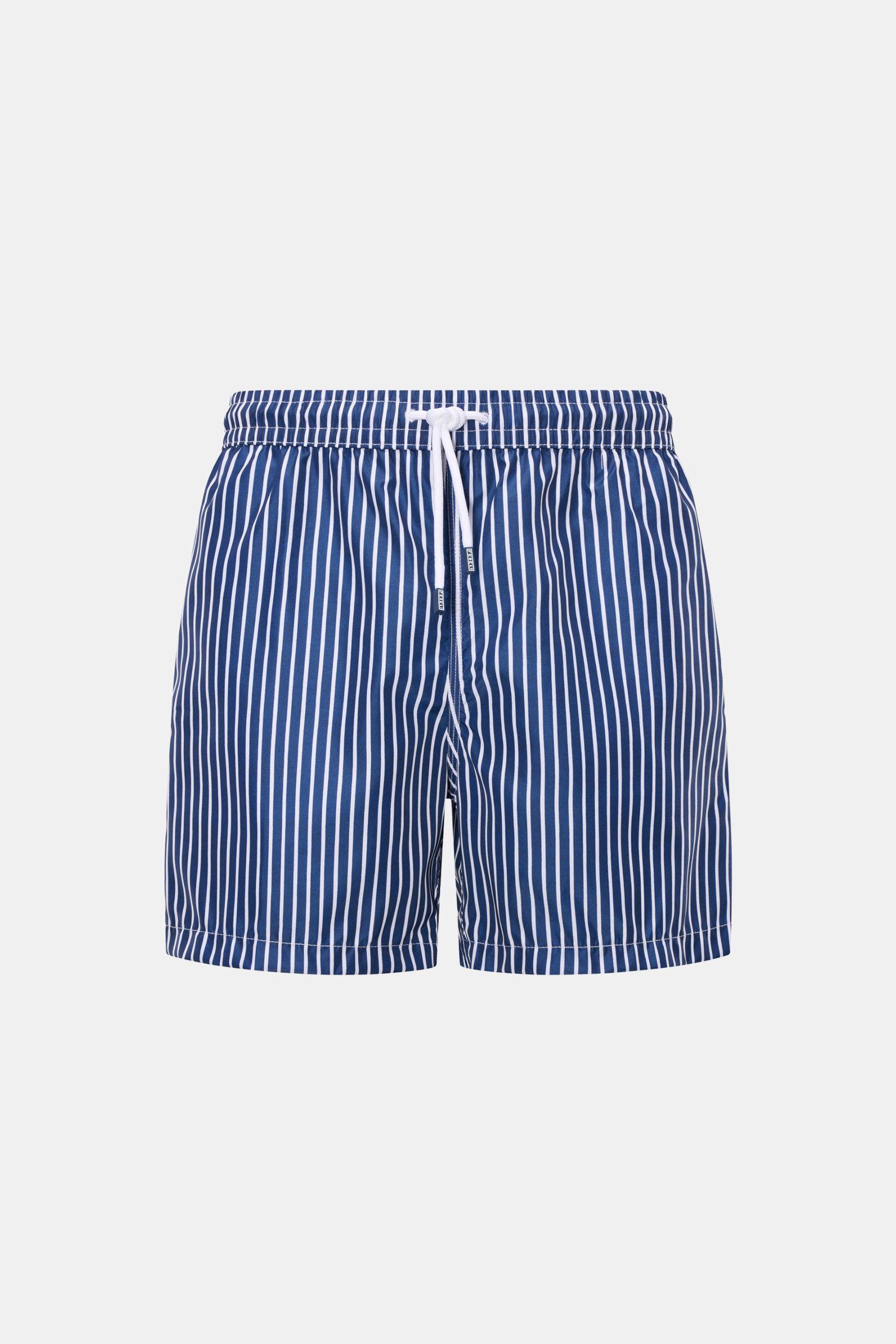 Fedeli Badeshorts 'Madeira Airstop' navy/weiß gestreift, Frontansicht, Regular Fit, elastischer Bund, schnelltrocknende Microfaser, nachhaltiges Modell.