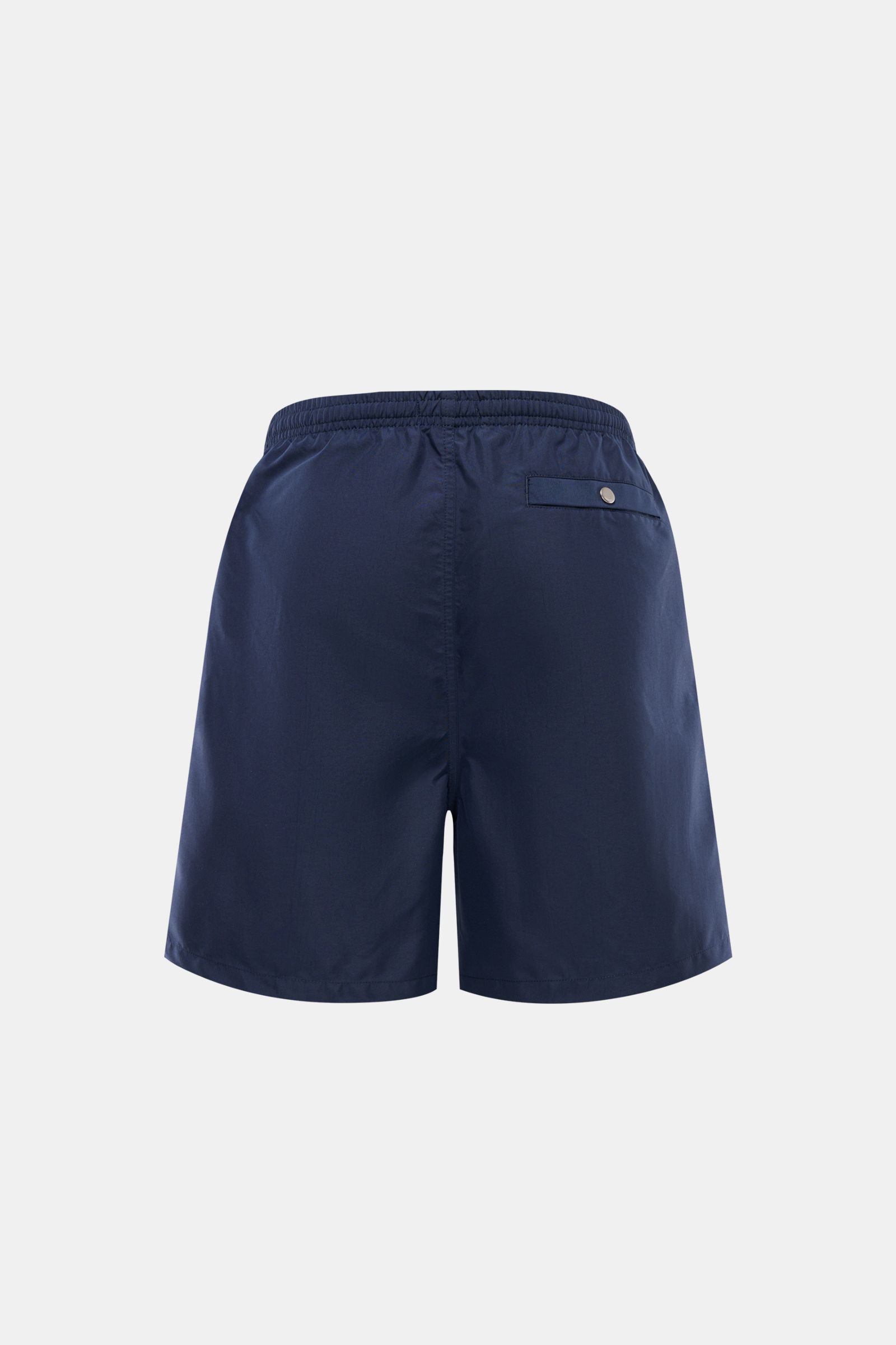 Rear view of Ami Paris Swim shorts navy in smooth navy microfibre with elastic waistband, back snap button pocket, and regular fit.

Description: Perfect for beach and pool: These swim shorts by AMI PARIS combine sporty style with fine microfibre fabri