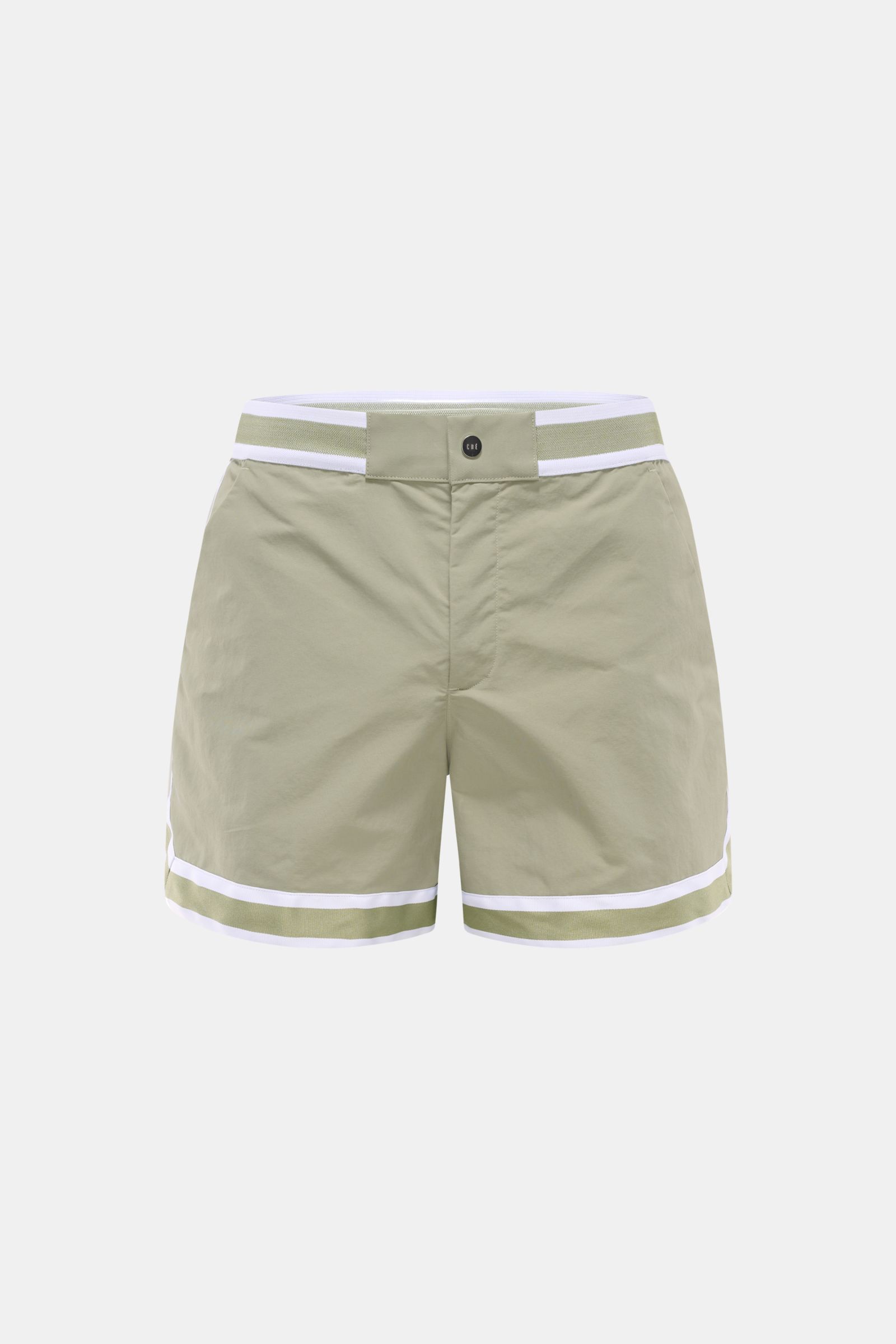 Ché Badeshorts 'Baller' salbei, frontale Nahaufnahme, kurze Microfaser-Badeshorts mit elastischem Bund, Reißverschluss, Mesh-Innenfutter, Regular Fit, retro Design.