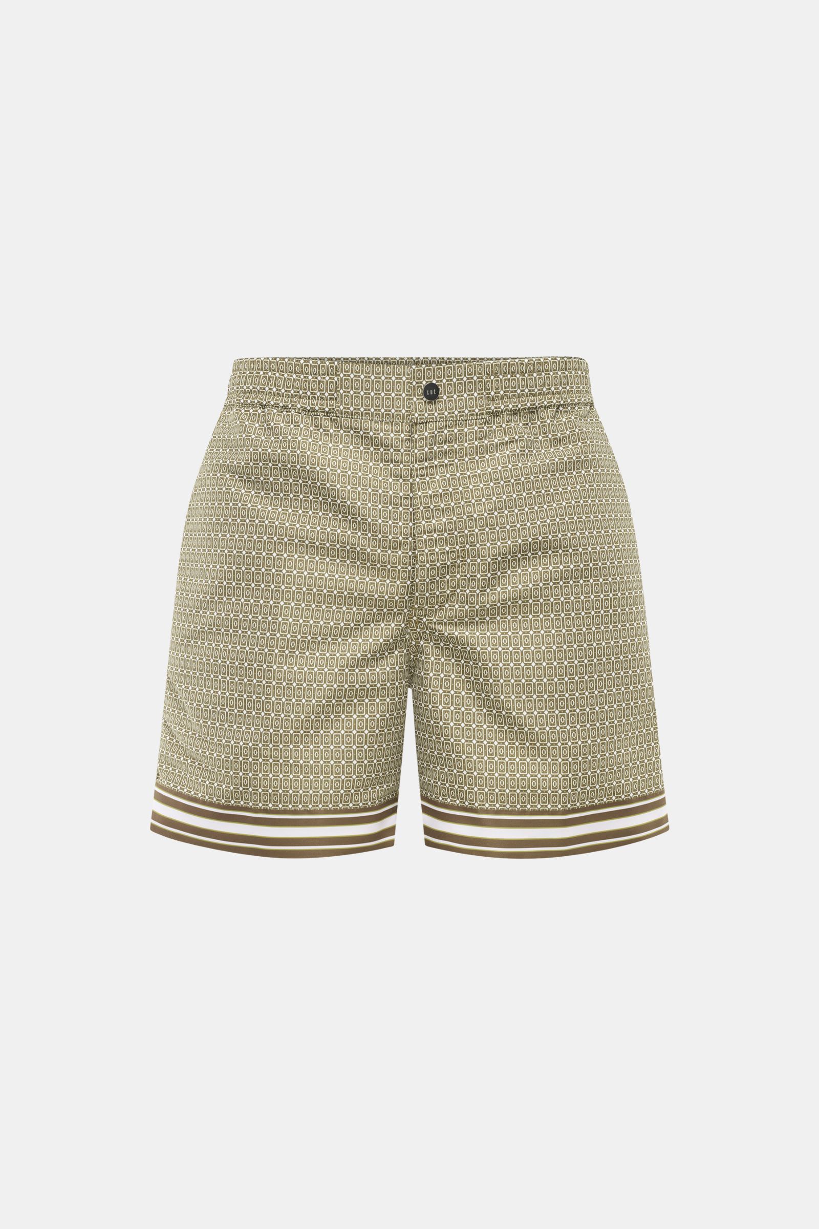 Ché Badeshorts 'Lucena' grün/braun gemustert, ornamentaler Print, Regular Fit, elastischer Bund, Frontansicht, Microfaser, Mesh-Innenfutter.