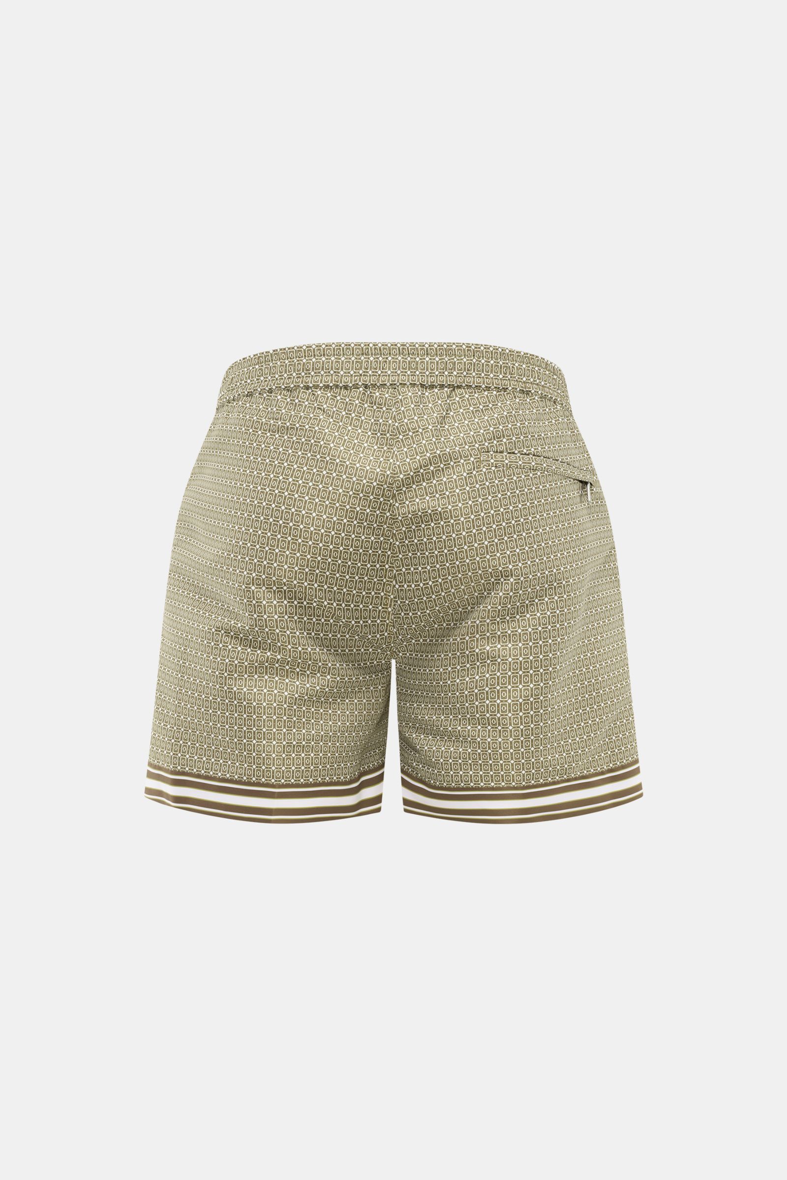 Ché Badeshorts 'Lucena' grün/braun gemustert mit ornamentalem Print, Reißverschluss, elastischem Bund, Rückansicht.