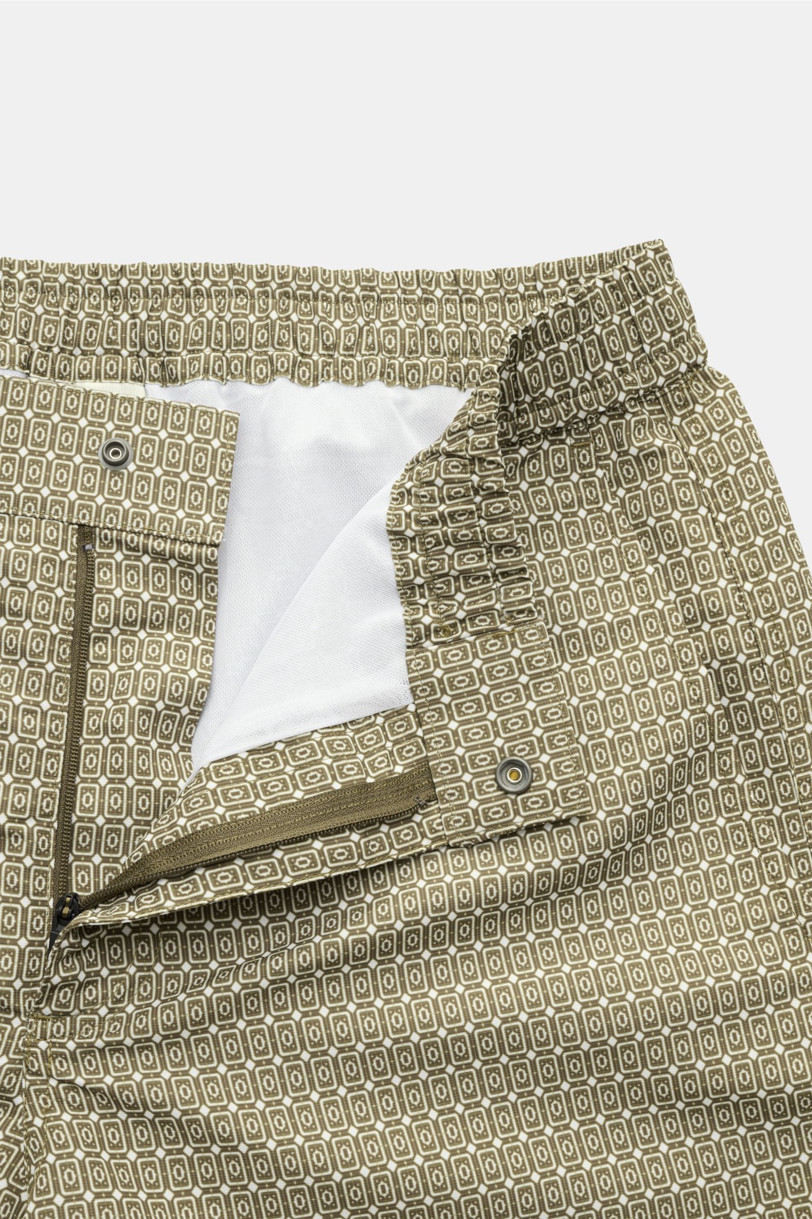 Ché Badeshorts 'Lucena' grün/braun gemustert, Nahaufnahme von geöffnetem Bund mit Reißverschluss, elastisch, ornamental, Mesh-Innenfutter.