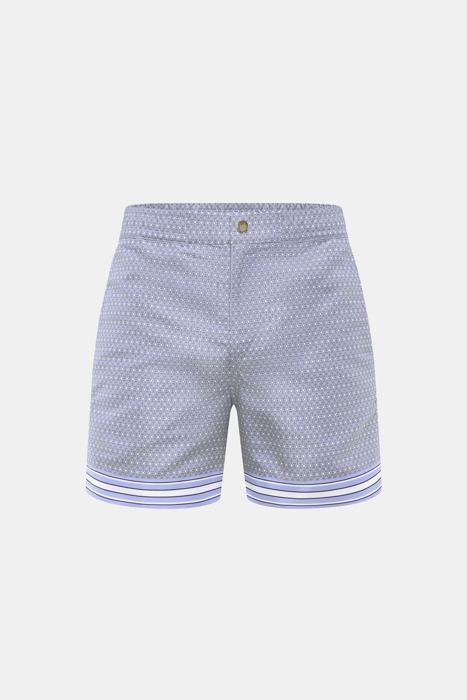 Ché Badeshorts 'Lucena' rauchblau/weiß gemustert, Frontansicht, ornamentaler Print, elastischer Bund, Saumschlitz, leichte Microfaser, Regular Fit.