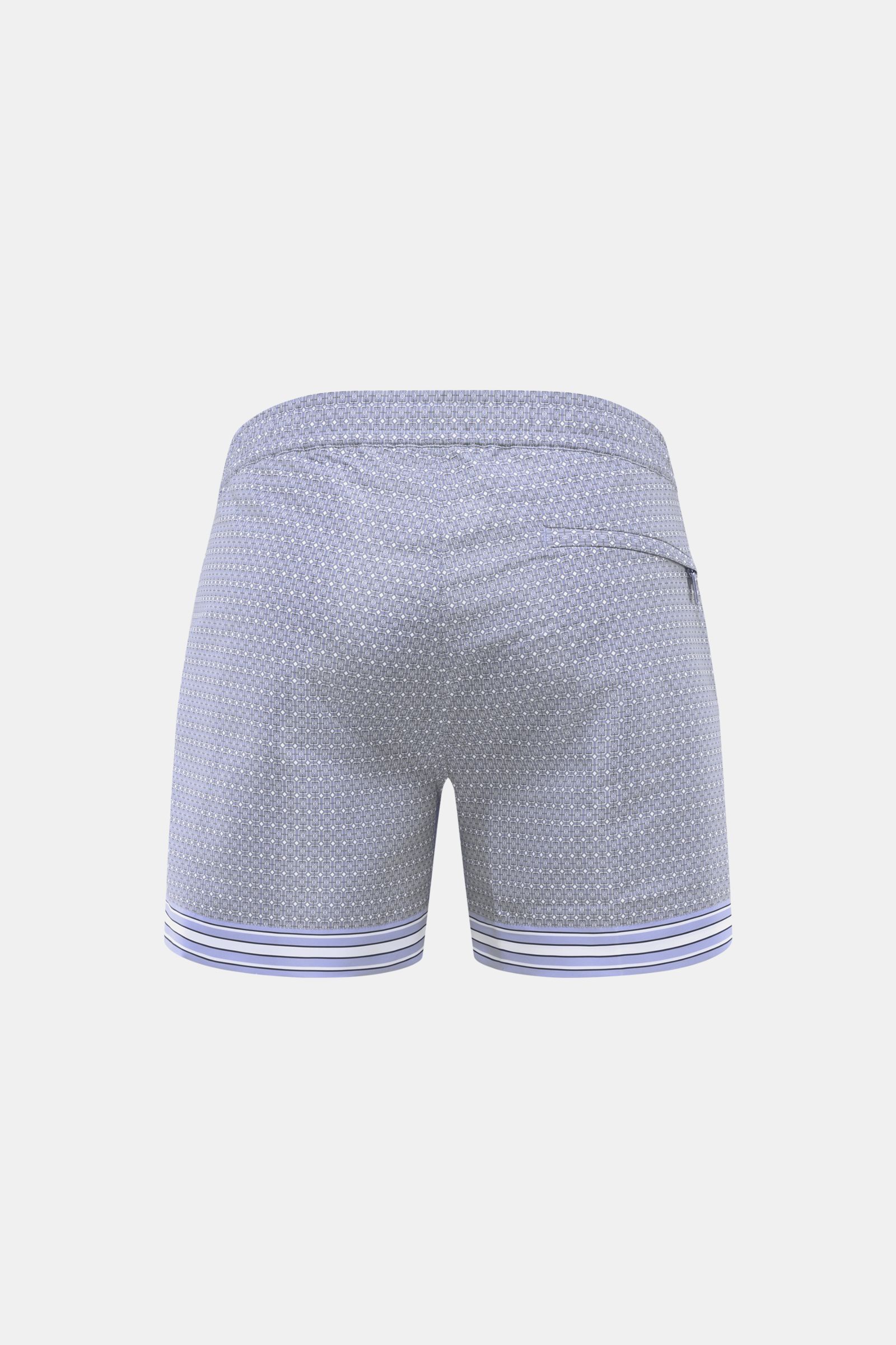Ché Badeshorts 'Lucena' rauchblau/weiß gemustert, Rückansicht, ornamentales Muster, elastischer Bund, Gesäßtasche mit Reißverschluss, Saumschlitze.