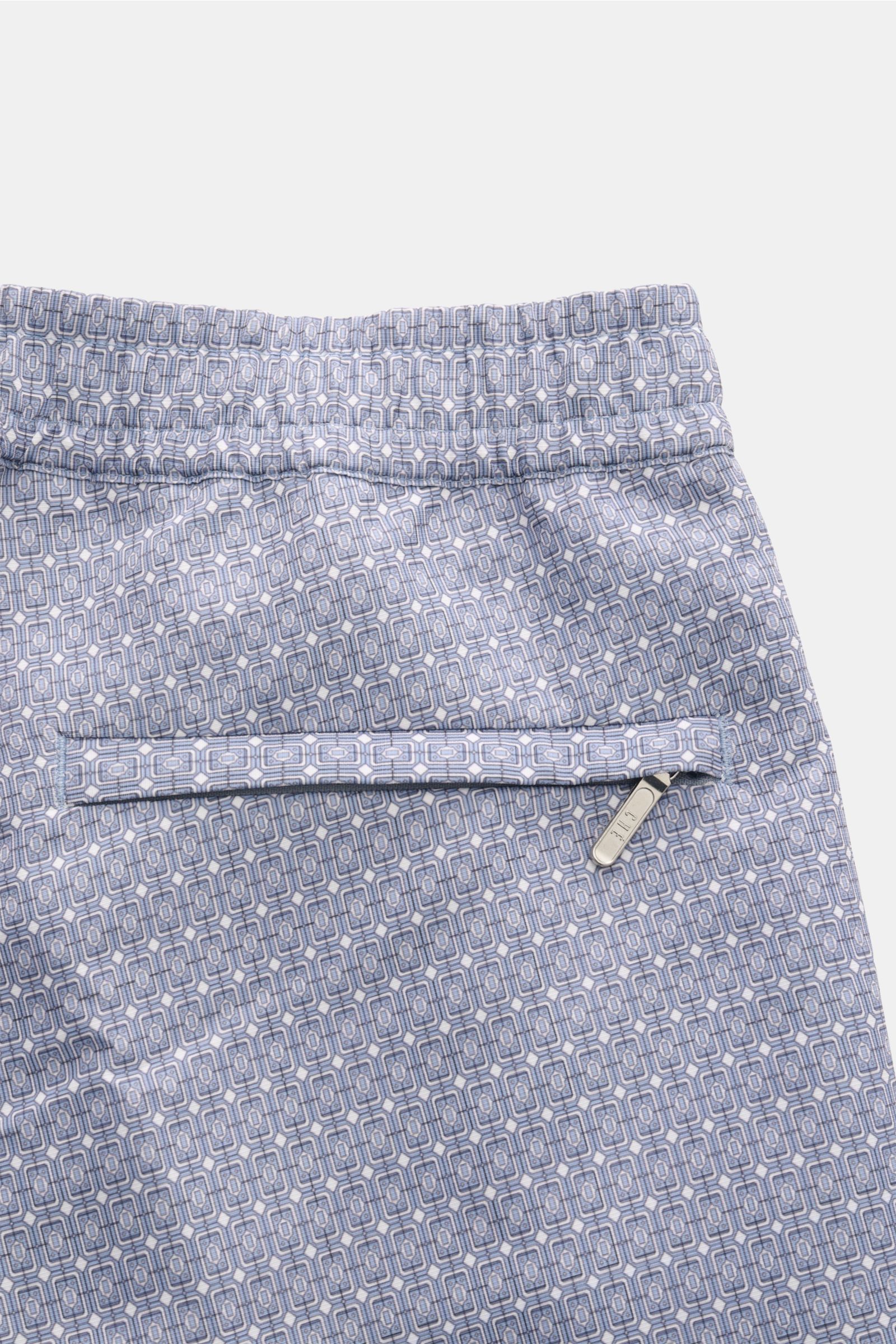 Ché Badeshorts 'Lucena' rauchblau/weiß gemustert, Detailaufnahme von hinten oben mit elastischem Bund, Reißverschluss-Gesäßtasche, Meshfutter.