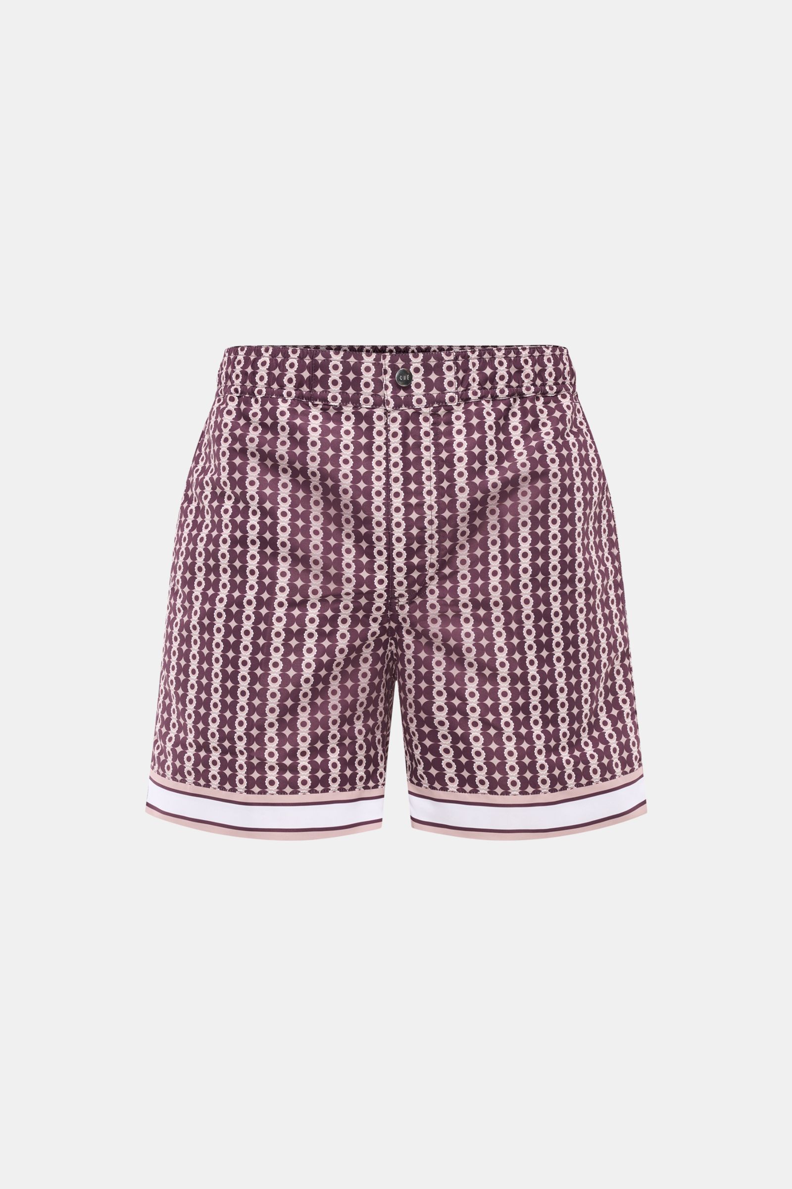 Ché Badeshorts 'Pressoa' bordeaux/hellbraun gemustert, Frontansicht, Regular Fit, elastischer Bund, Microfaser, Ornamentmuster, Reißverschluss, Mesh-Innenfutter.