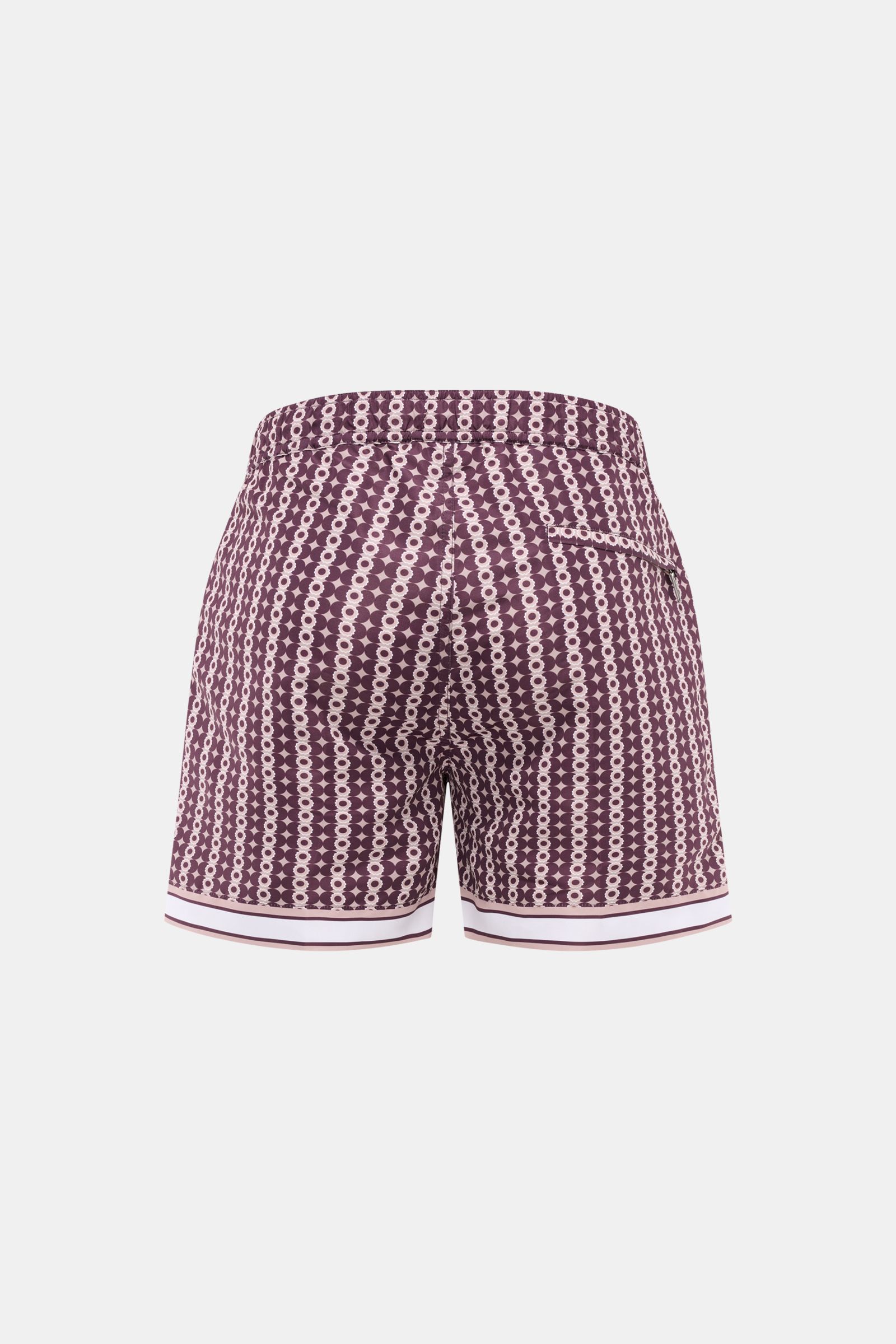 Ché Badeshorts 'Pressoa' bordeaux/hellbraun gemustert, Rückansicht, ornamentales Muster, Regular Fit, elastischer Bund, Mesh-Innenfutter.