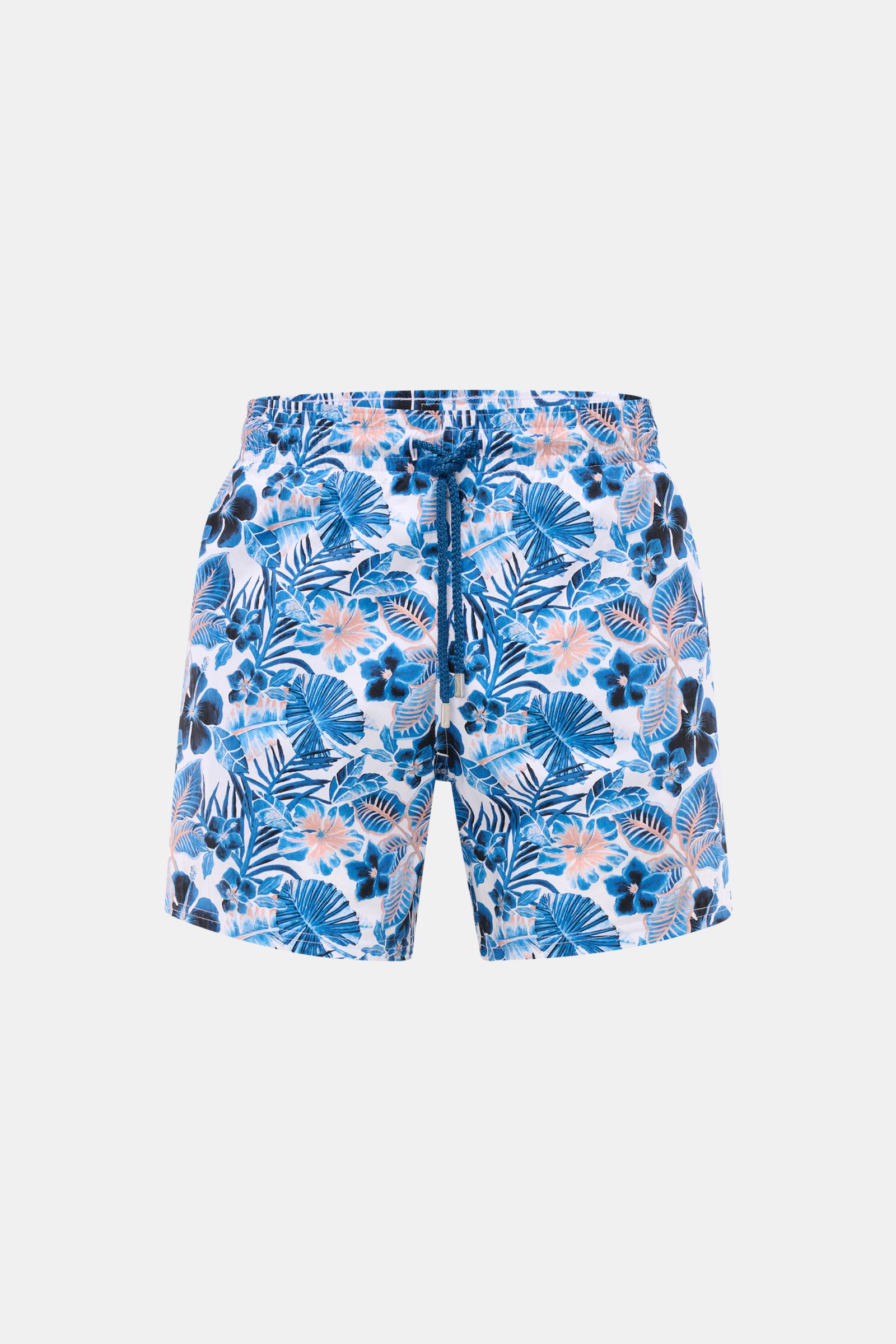 Vorderansicht der Vilebrequin Badeshorts 'Moorise' dunkelblau/weiß gemustert mit floralem Dschungel-Print, elastischem Bund, Tunnelzug.