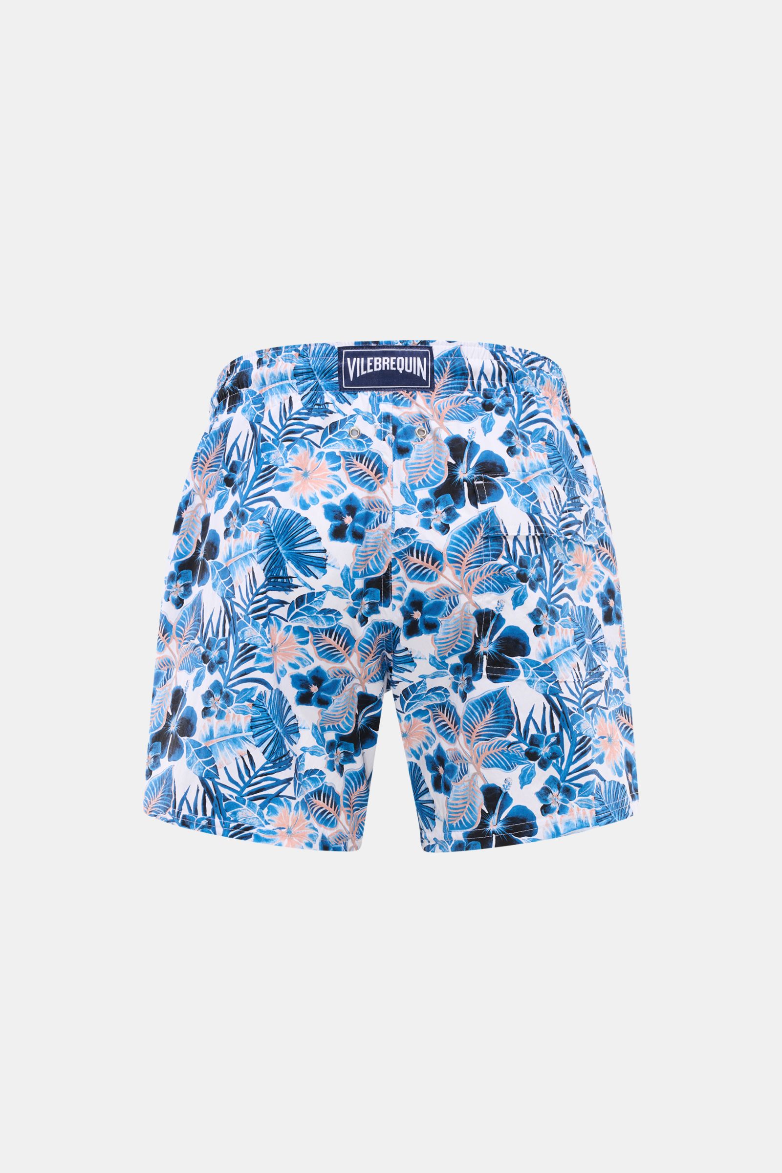 Vorderansicht der Vilebrequin Badeshorts 'Moorise' dunkelblau/weiß gemustert mit floralen Prints, elastischem Bund und VILEBREQUIN-Label.