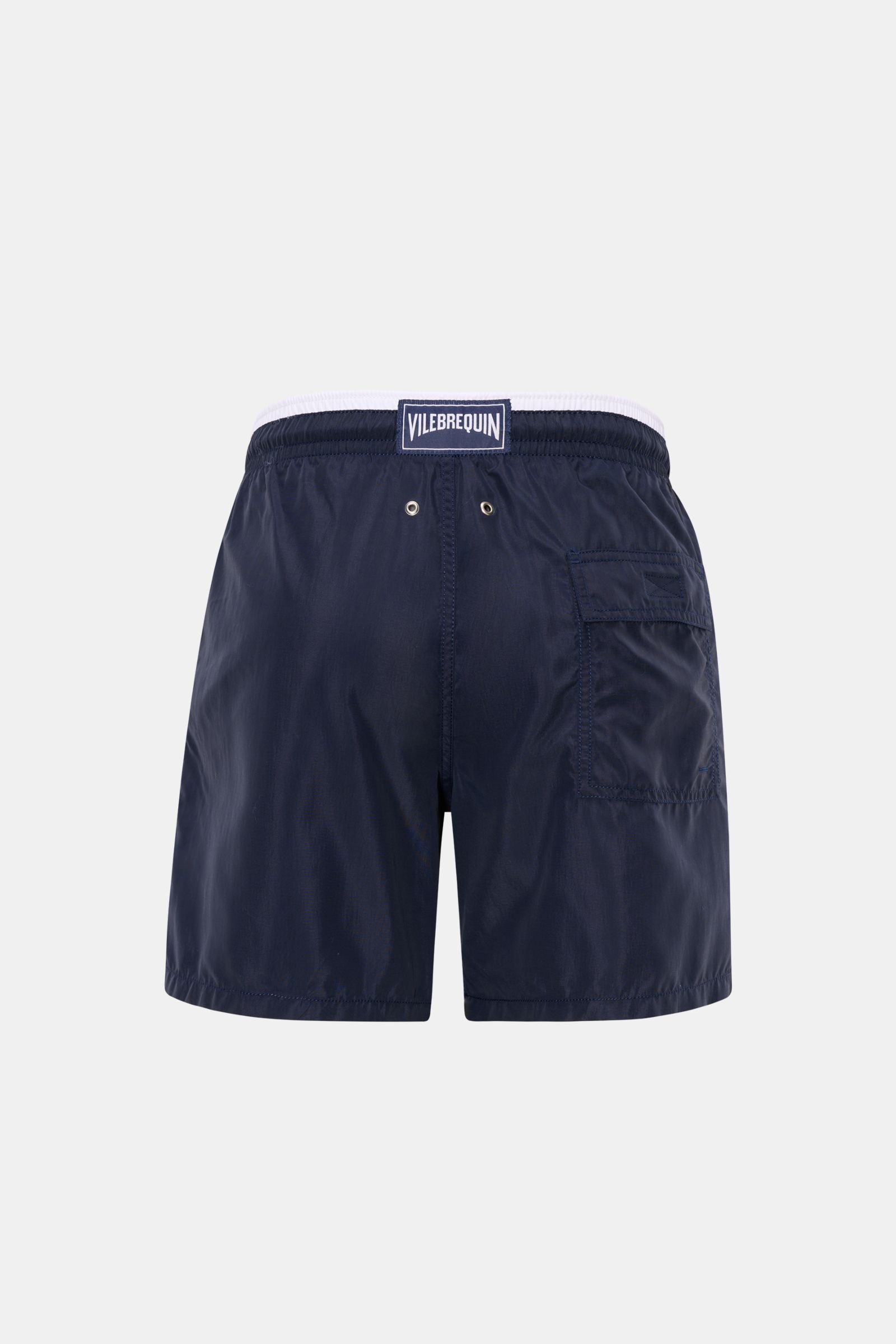 Vilebrequin Badeshorts 'Moka' navy Rückansicht, Regular Fit, elastischer Bund, Tasche mit Klettverschluss, Entwässerungsösen, Turtle-Stitching.