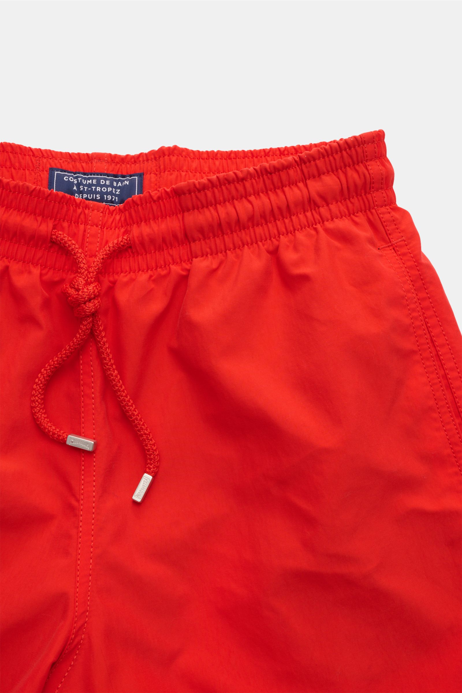 Vilebrequin Badeshorts 'Moorea' rot, Nahaufnahme von oben, elastischer Bund mit Tunnelzug, Microfaser, Regular Fit, Taschen, Mesh-Innenfutter.