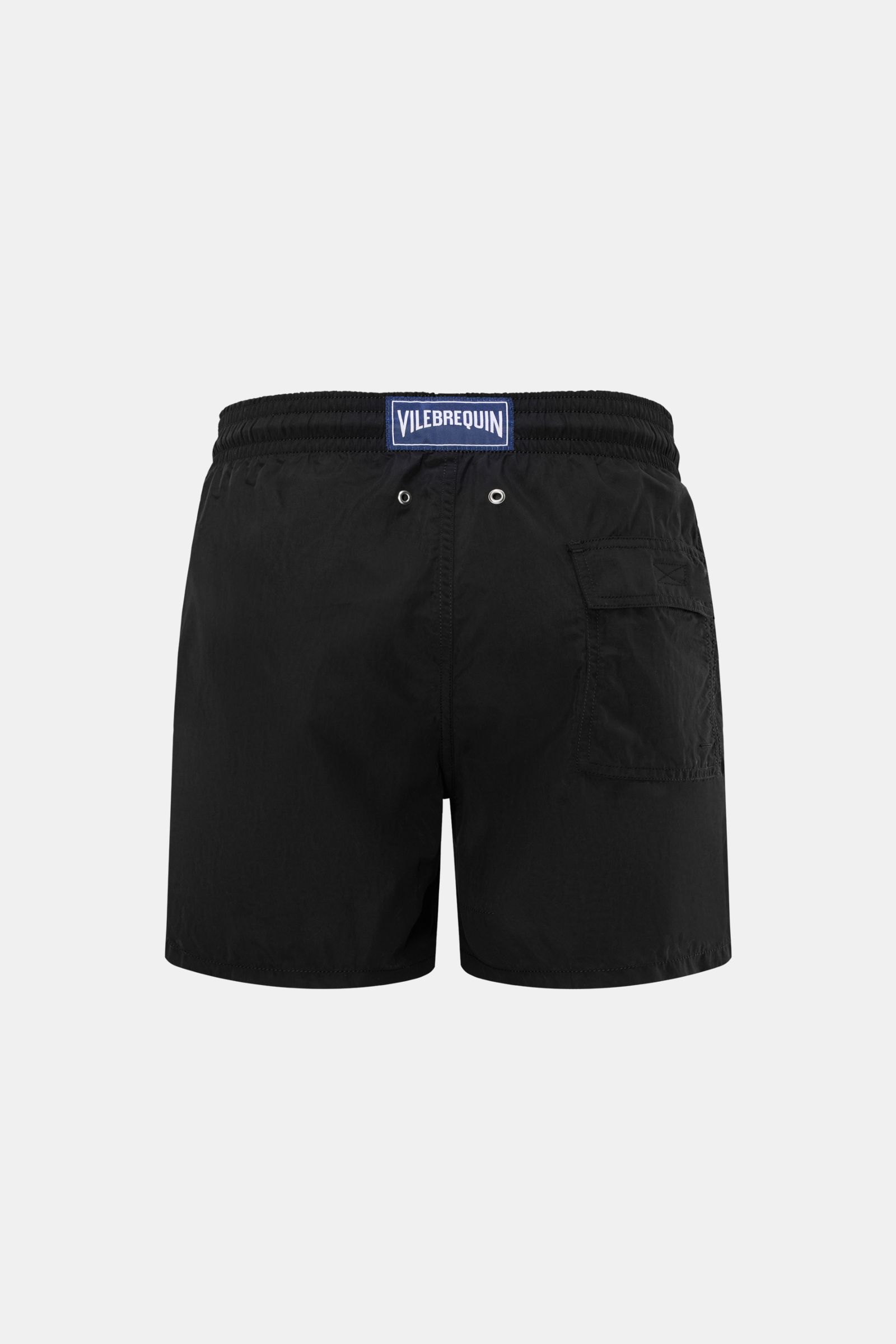 Vorderansicht der Vilebrequin Badeshorts 'Moorea' schwarz aus leichter Microfaser mit elastischem Bund, Taschen und Mesh-Innenfutter.