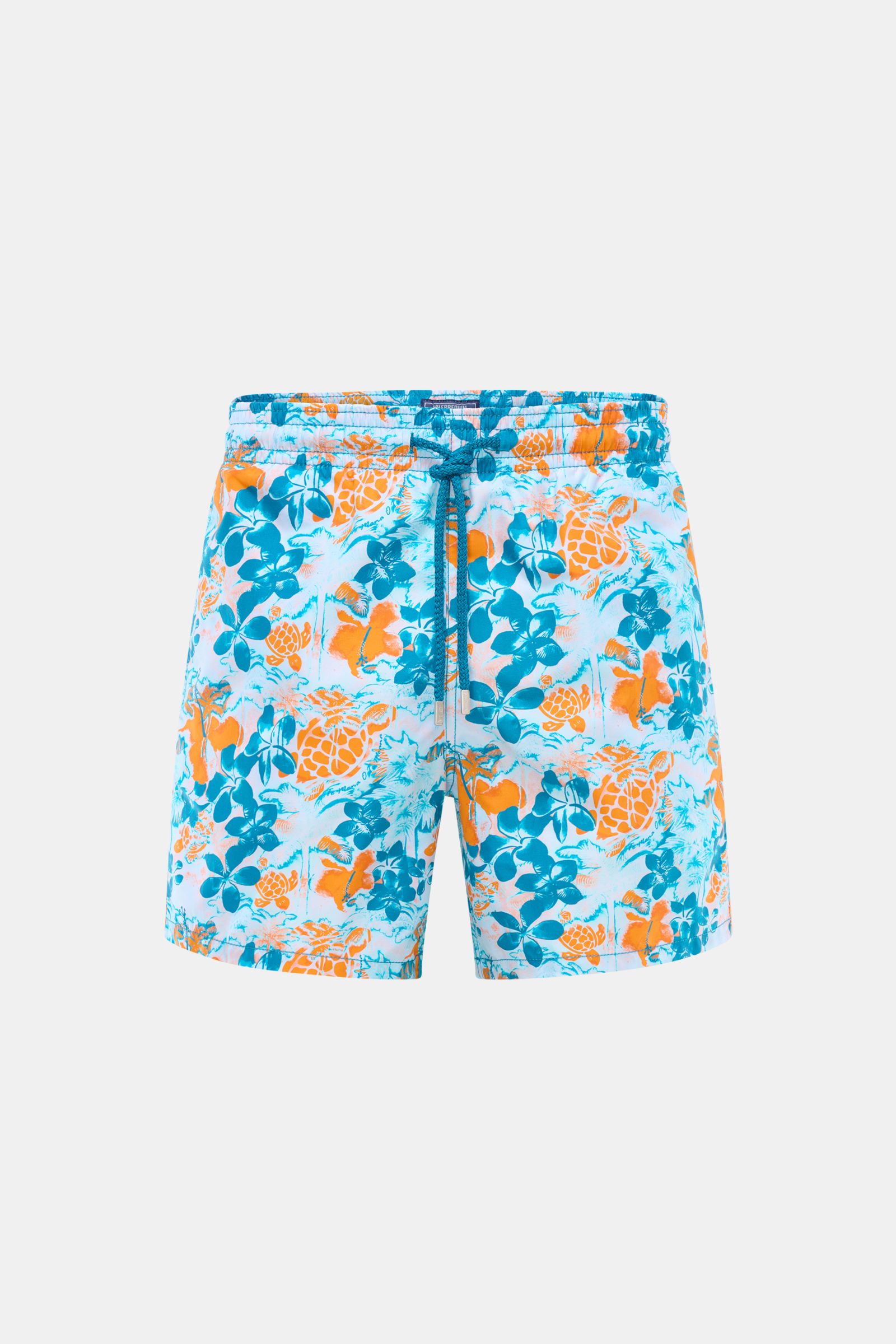 Vorderansicht der Vilebrequin Badeshorts 'Moorea' blau/neonorange gemustert aus leichter Microfaser mit elastischem Bund, Tunnelzug und Mesh-Innenfutter.