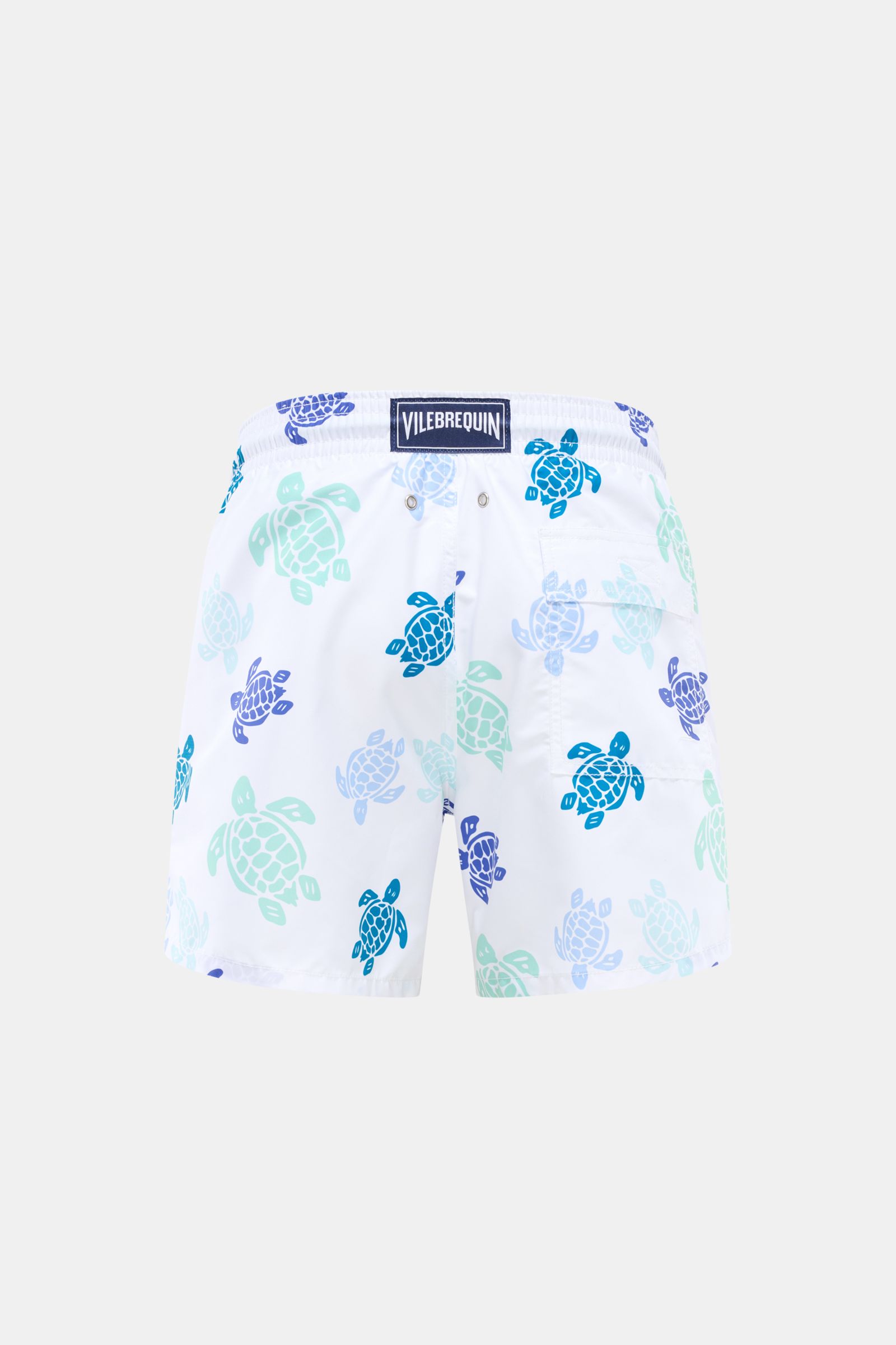 Vorderansicht der Vilebrequin Badeshorts 'Moorea' weiß/mint/blau gemustert mit elastischem Bund, Taschen, schnell trocknender Microfaser.