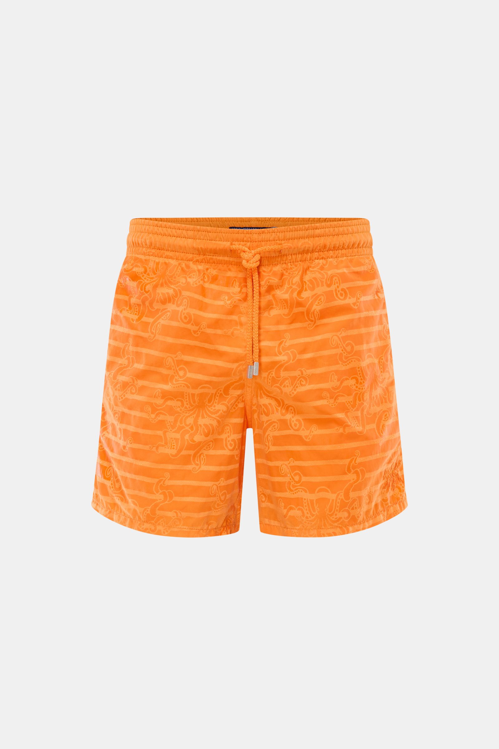 Vilebrequin Swim shorts 'Moorea Magic' orange shown from the front, made of high-quality microfibre that changes color in water, featuring an elasticated waistband with drawstring, side pockets, back pocket with hook-and-loop fastener, drainage eyelets, t