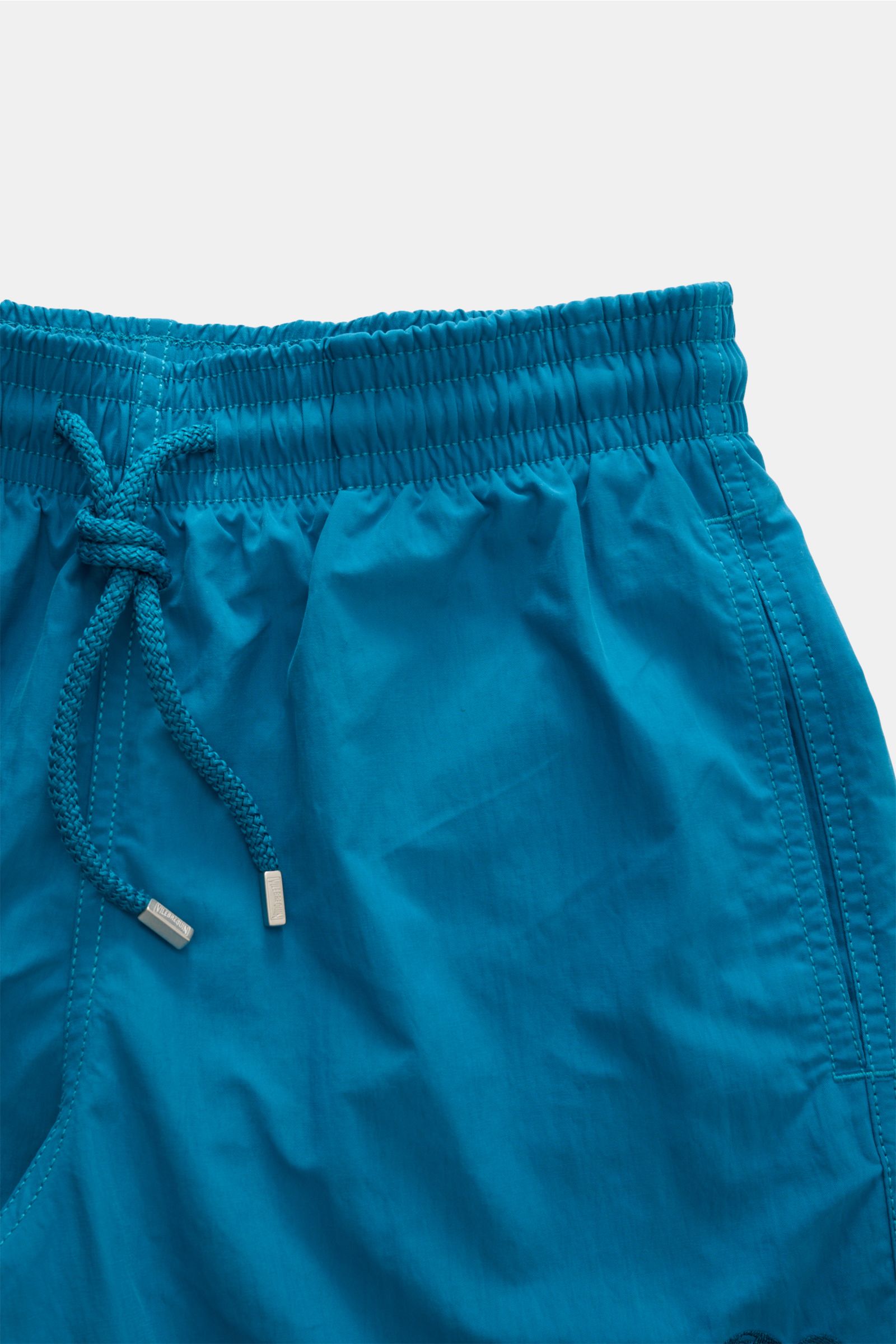 Vilebrequin Badeshorts 'Moorea Magic' petrol, Nahaufnahme von Bund und Tunnelzug, wasserreaktive Microfaser, Regular Fit, Mesh-Innenfutter.
