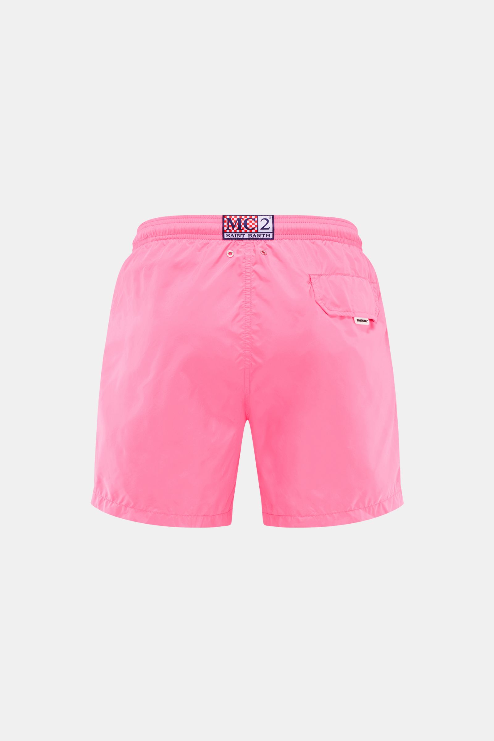 Rückansicht der pinken MC2 Saint Barth Badeshorts 'Lightning Pantone' aus leichter, schnell trocknender, recycelter Microfaser mit elastischem Bund.
