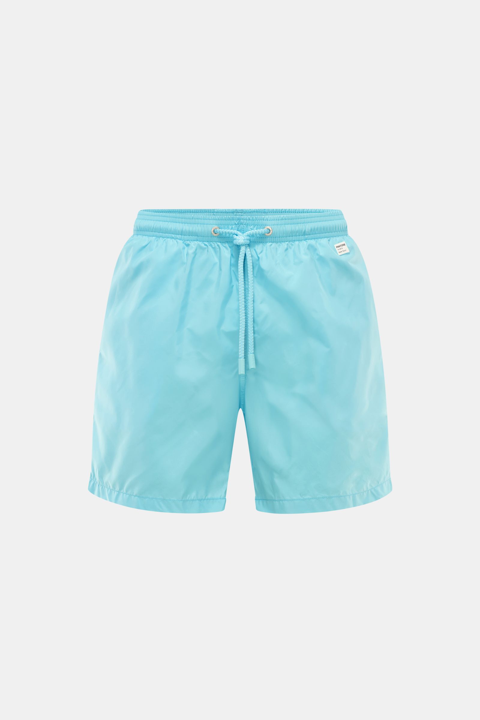 MC2 Saint Barth Badeshorts 'Lightning Pantone' türkis, frontale Nahaufnahme, leichter Griff, elastischer Bund mit Kordelzug, recycelte Microfaser, Regular Fit, seitliche Taschen, Mesh-Innenfutter, kleines Metall-Logo, verstaubar.