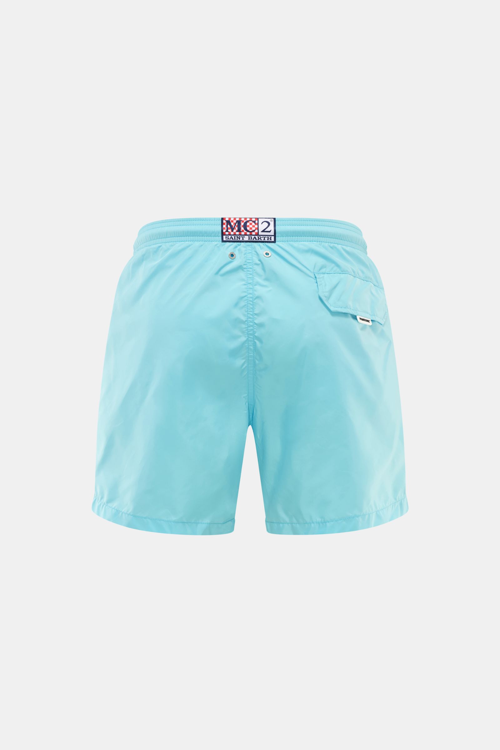 Rückansicht der MC2 Saint Barth Badeshorts 'Lightning Pantone' türkis aus recycelter Microfaser mit elastischem Bund, Seitentaschen und Metall-Logo.