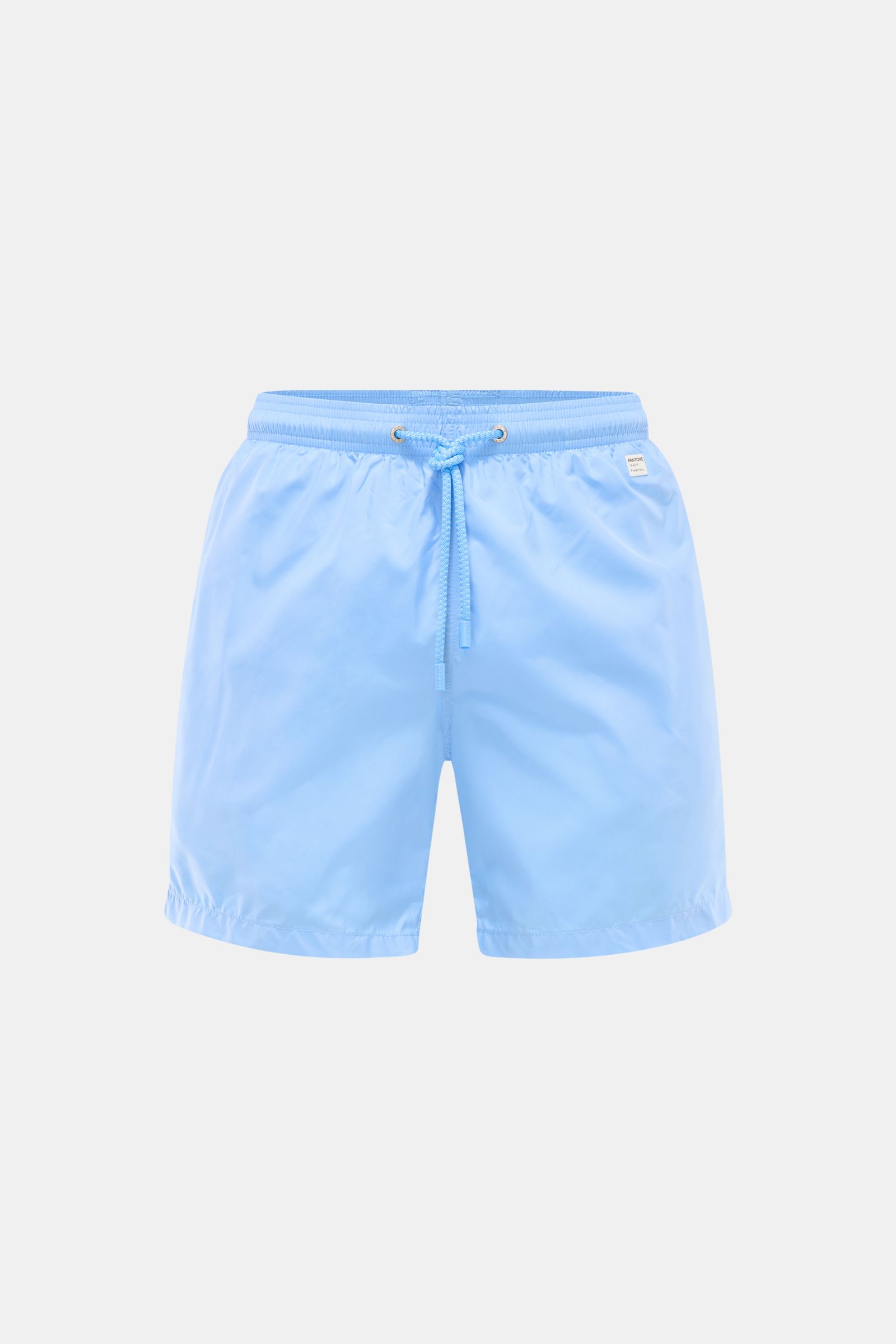 Frontansicht der hellblauen MC2 Saint Barth Badeshorts 'Lightning Pantone' aus recycelter Microfaser mit elastischem Bund, Kordelzug und kleinem Pantone-Label.