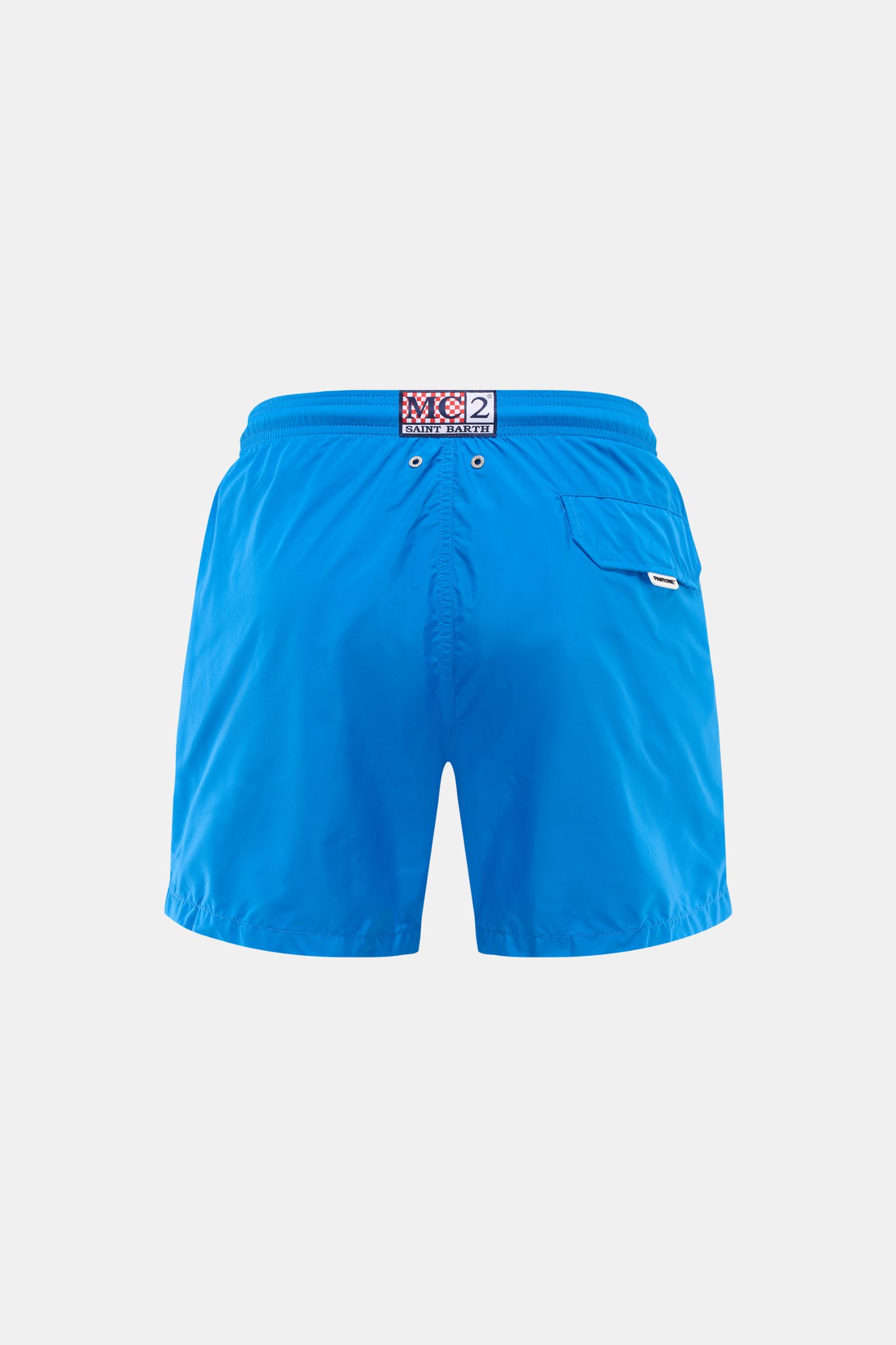 Rückansicht der MC2 Saint Barth Badeshorts 'Lightning Pantone' blau aus recycelter Microfaser mit elastischem Bund, Magnettasche und Mesh-Innenfutter.