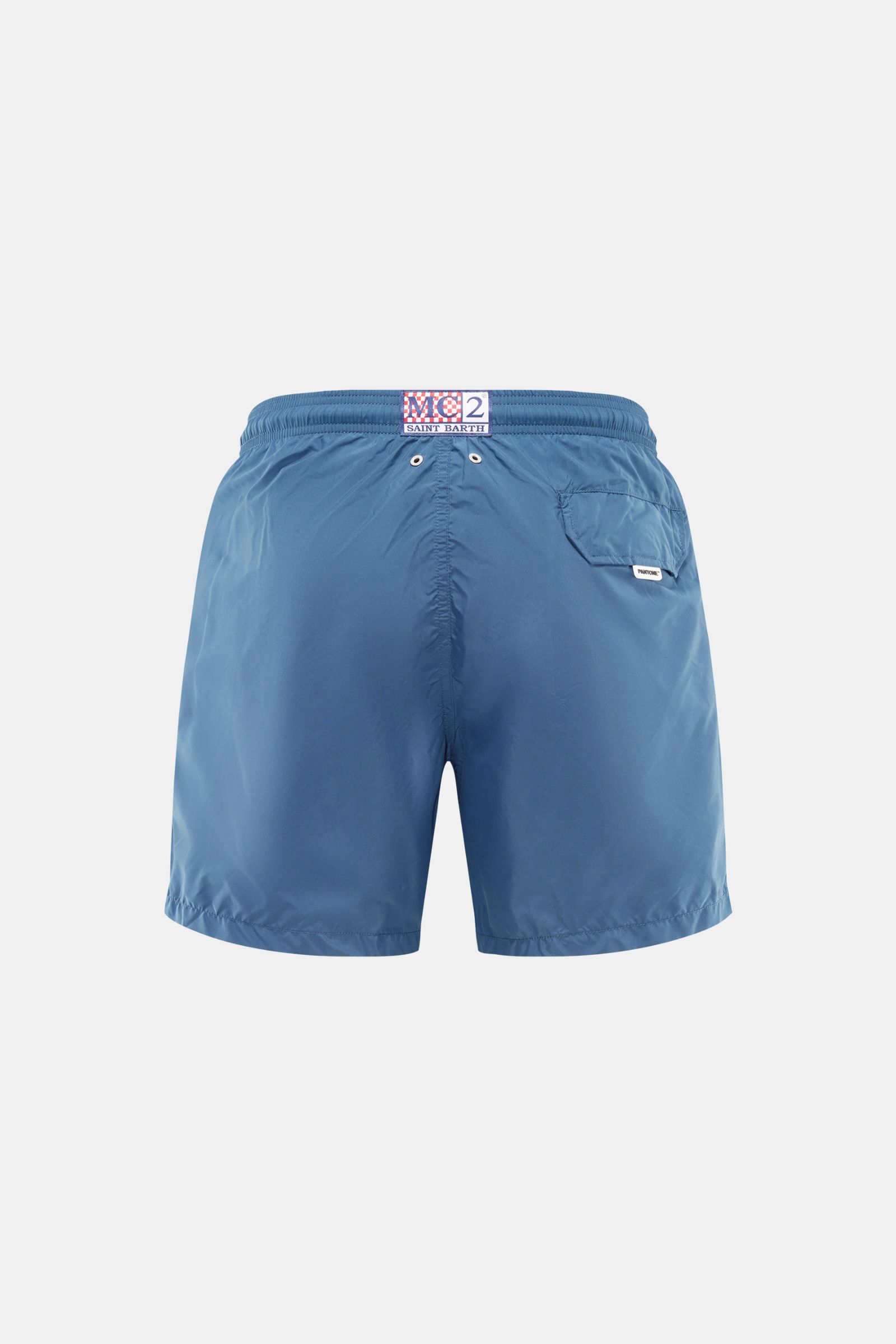 Rückansicht der MC2 Saint Barth Badeshorts 'Lightning Pantone' navy aus recycelter Microfaser mit elastischem Bund, Tasche und PANTONE-Label.