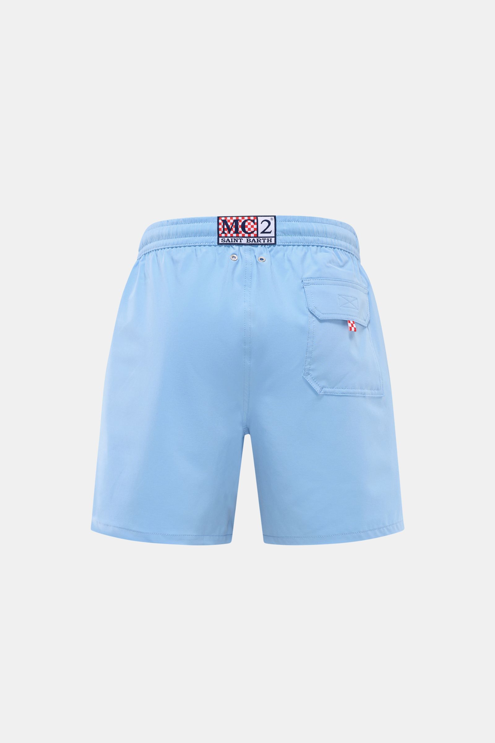 Back view of MC2 Saint Barth Badeshorts 'Comfort' hellblau in light blue with elastic waistband, side zipper pocket, and Saint Barth stitching.

Tauchen Sie ein in die erfrischende Welt von MC2 SAINT BARTH: Die Badeshorts 'Comfort' aus leichter, schnel