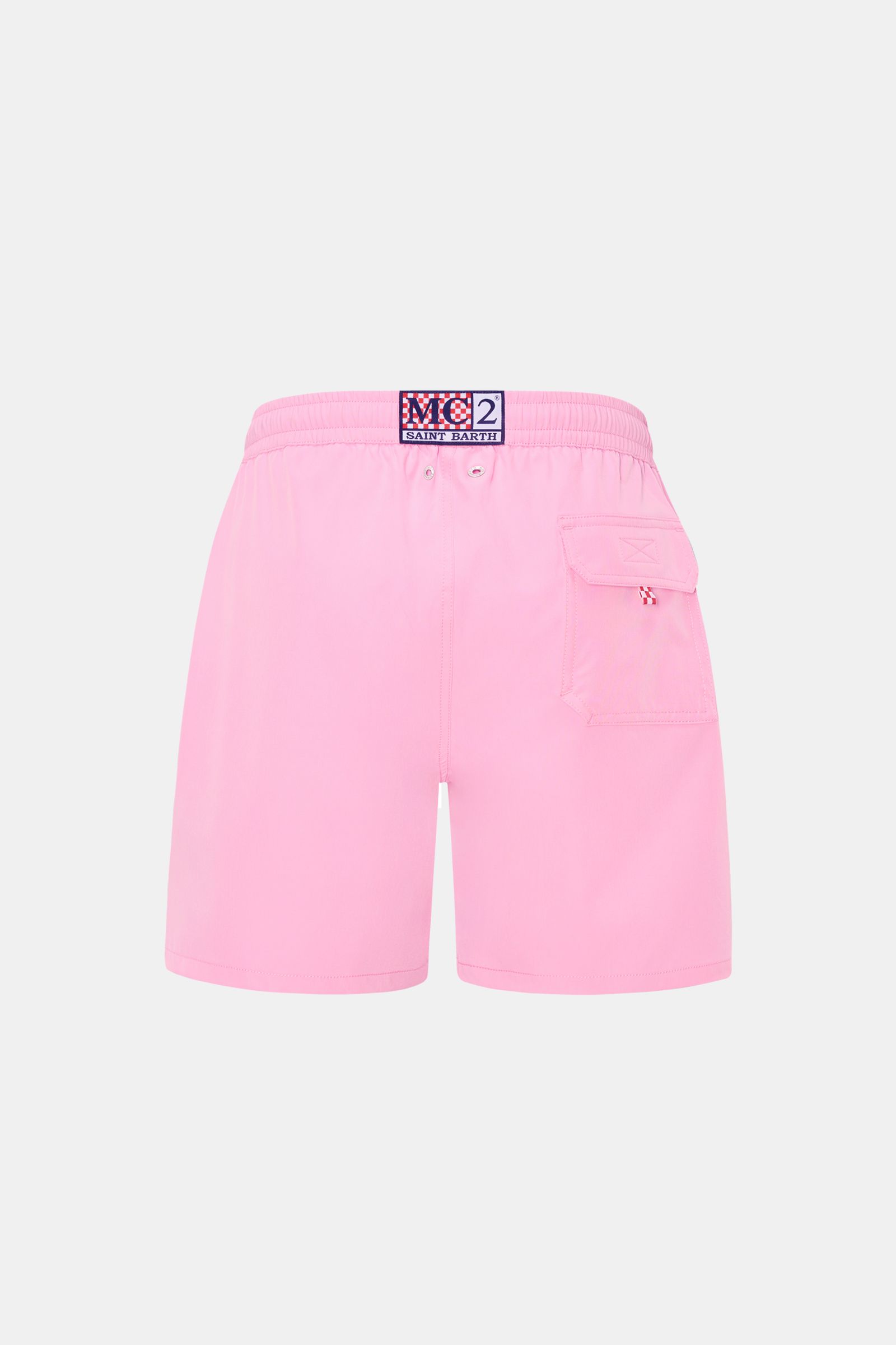 Back view of MC2 Saint Barth Badeshorts 'Comfort' rosé in lightweight, quick-drying microfiber with elastic waistband, side pocket, and logo label.

Tauchen Sie ein in die erfrischende Welt von MC2 SAINT BARTH: Die Badeshorts 'Comfort' aus leichter, sc