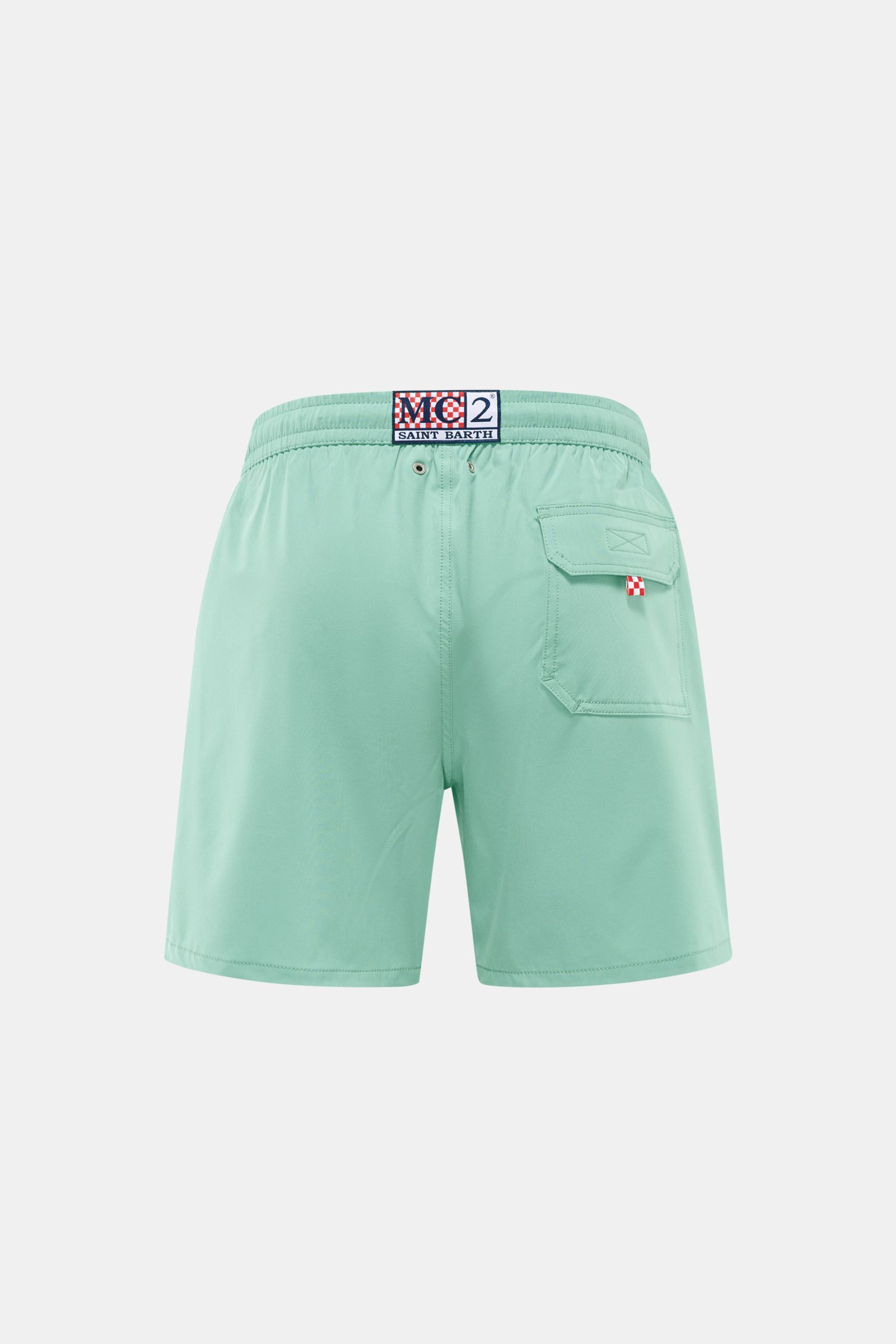Rückansicht der MC2 Saint Barth Badeshorts 'Comfort' türkis aus recycelter Microfaser mit elastischem Bund, Gesäßtasche und Saint Barth-Label.