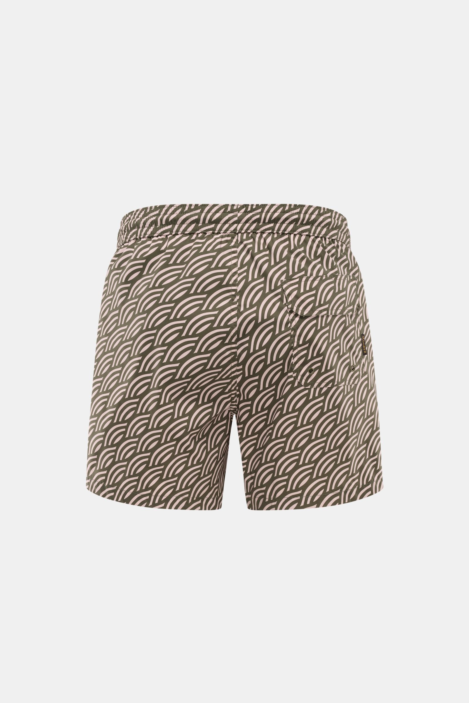 Moorer Swim shorts dark green/antique pink patterned shown from the back, with quick-drying microfiber, smooth feel, regular fit, elasticated waistband with drawstring, small key pocket inside, side seam pockets, back pocket with flap, and smooth lining.