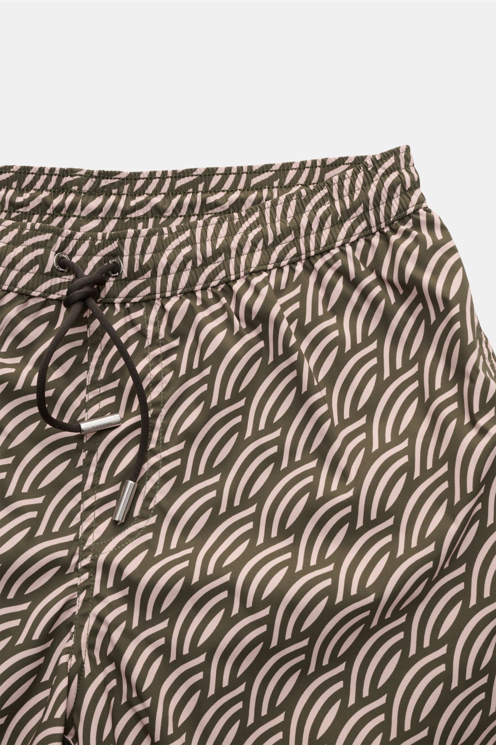 Moorer Swim shorts dark green/antique pink patterned, close-up front view showing elasticated waistband with drawstring, quick-drying microfiber, smooth feel, regular fit, small inside key pocket, side seam pockets, back pocket with flap, smooth lining.