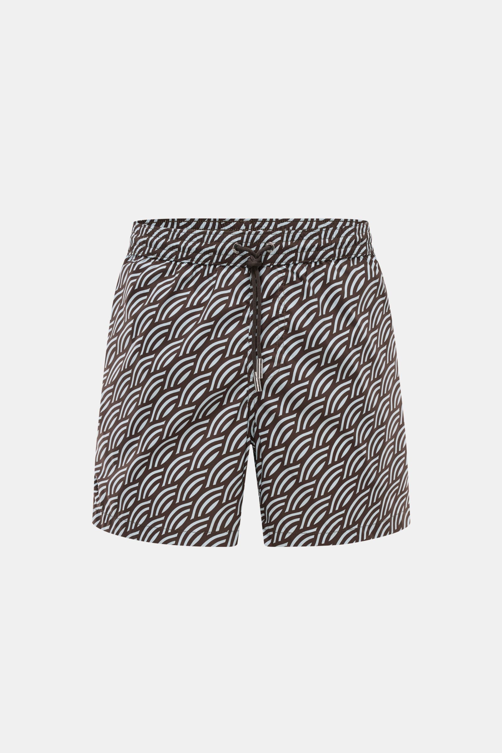 Moorer Swim shorts dark brown/smoky blue patterned, front view, regular fit, quick-drying microfibre, smooth feel, elasticated waistband with drawstring, small key pocket inside, side seam pockets, back pocket with flap, smooth lining.